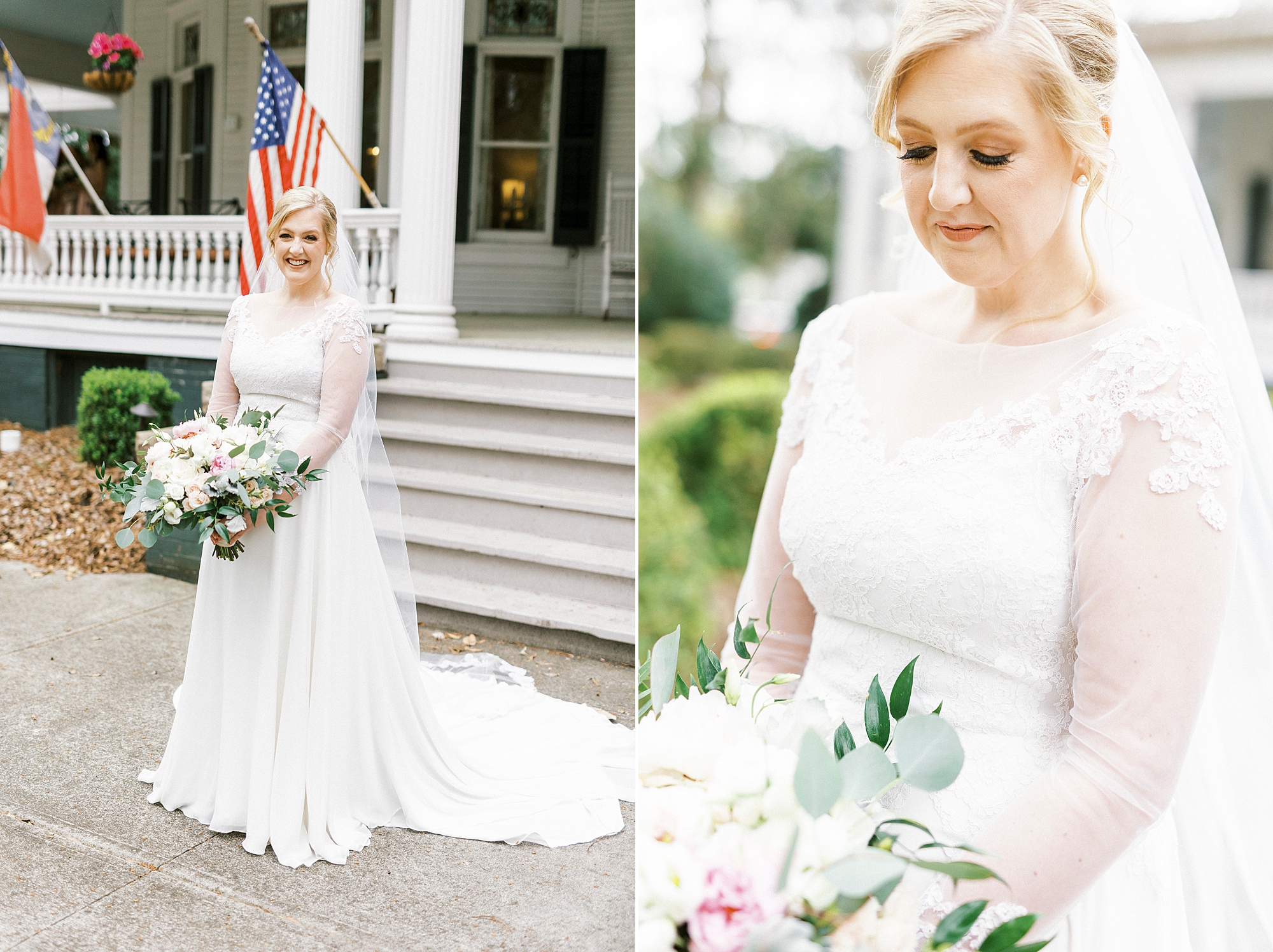 bride holds bouquet of white and pink flowers with long sleeve wedding gown