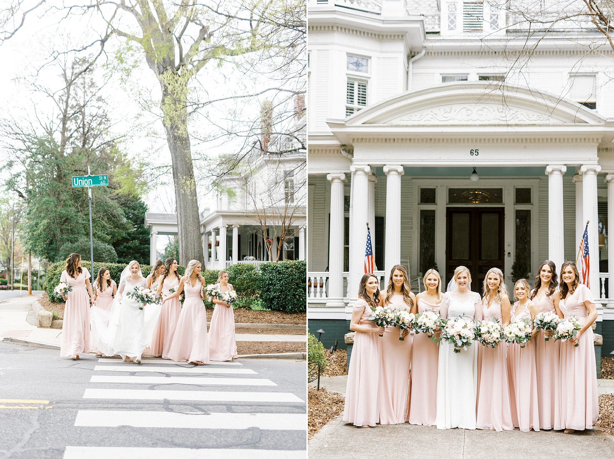 bride and bridesmaids cross street for NC wedding day