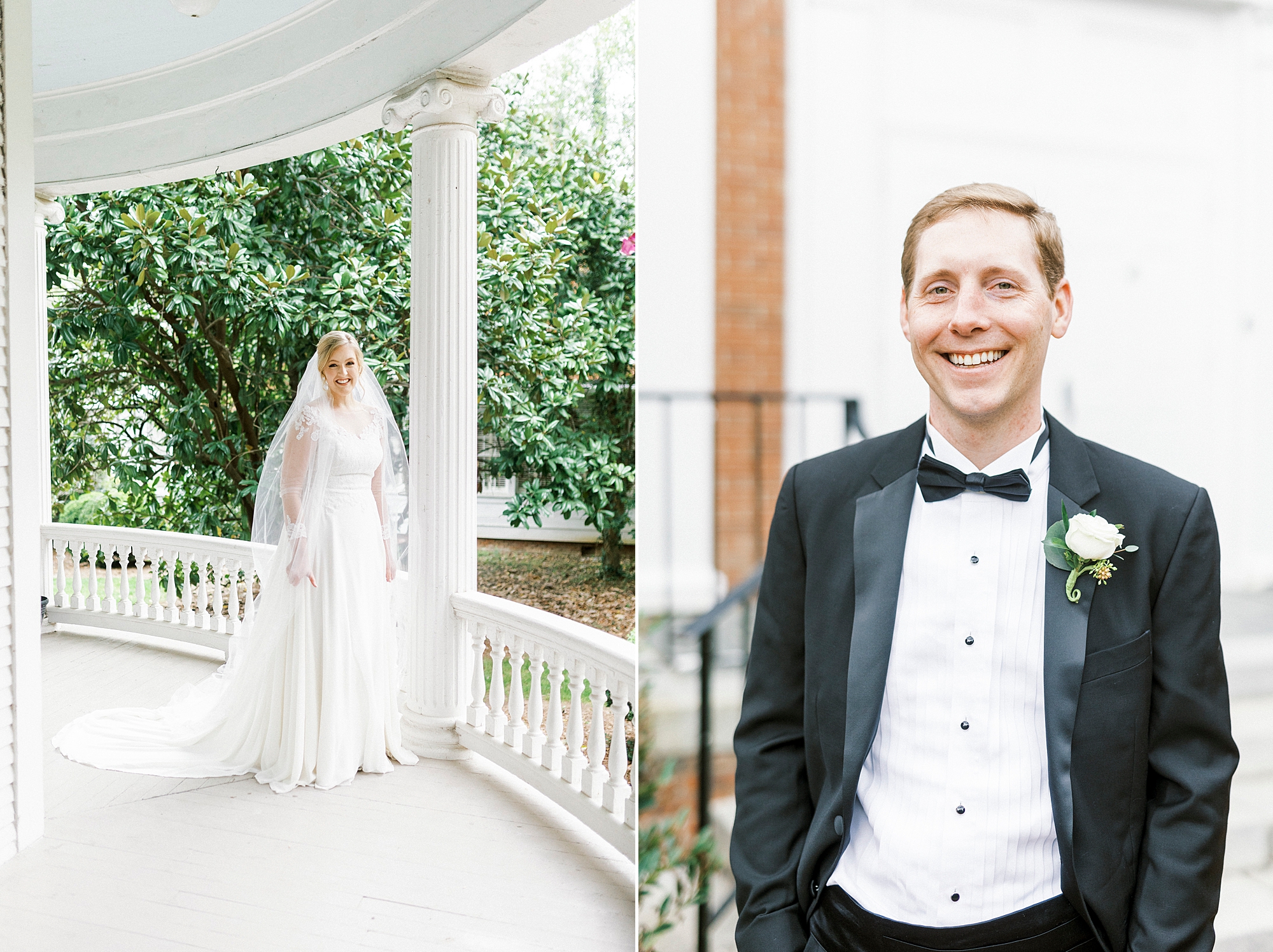 bride and groom pose near historic home for Concord wedding