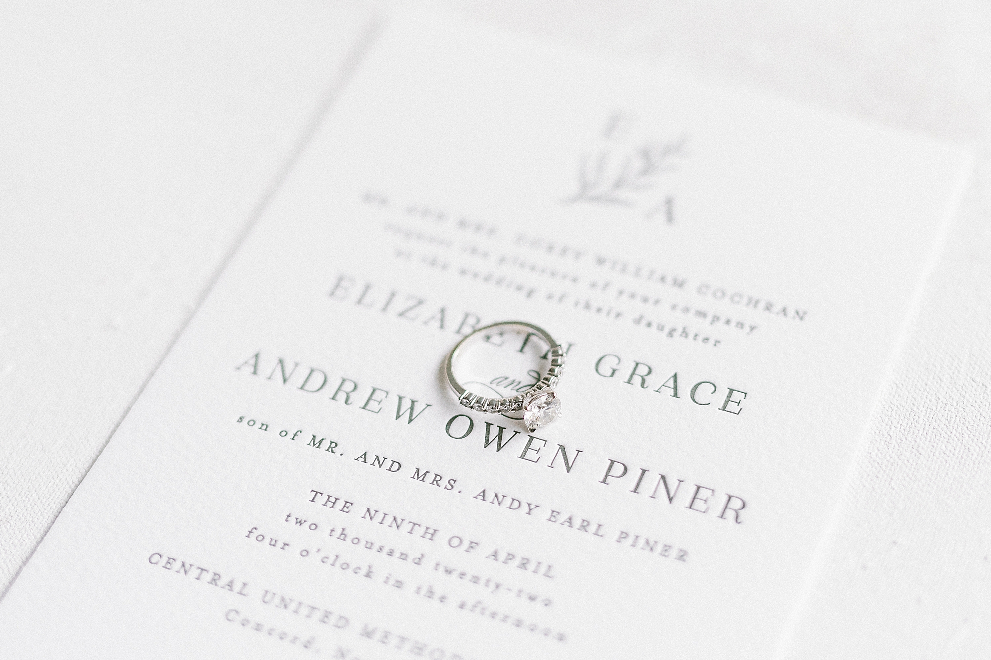 wedding band rests on invitation suite