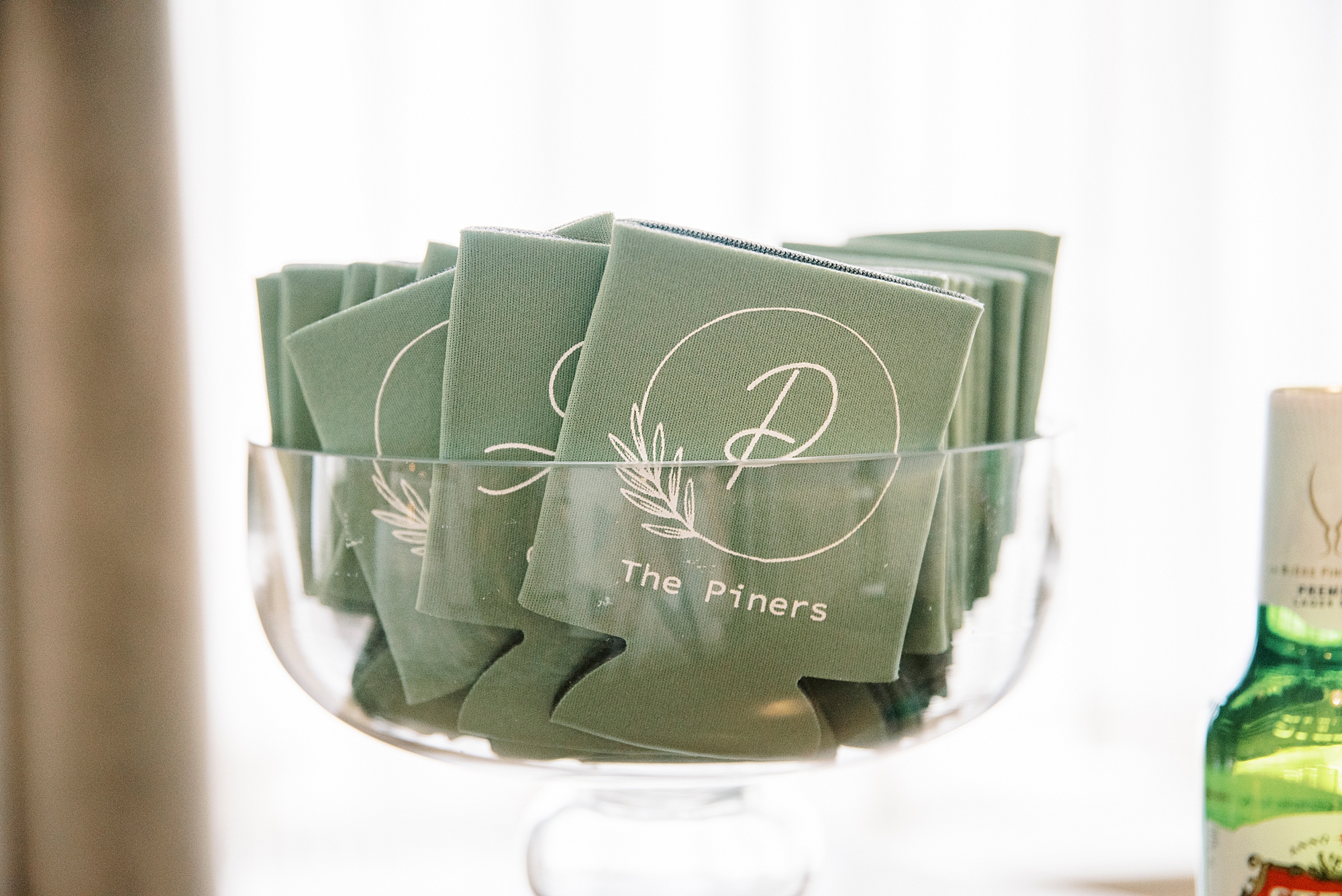 green and white beer koozies for Hotel Concord wedding