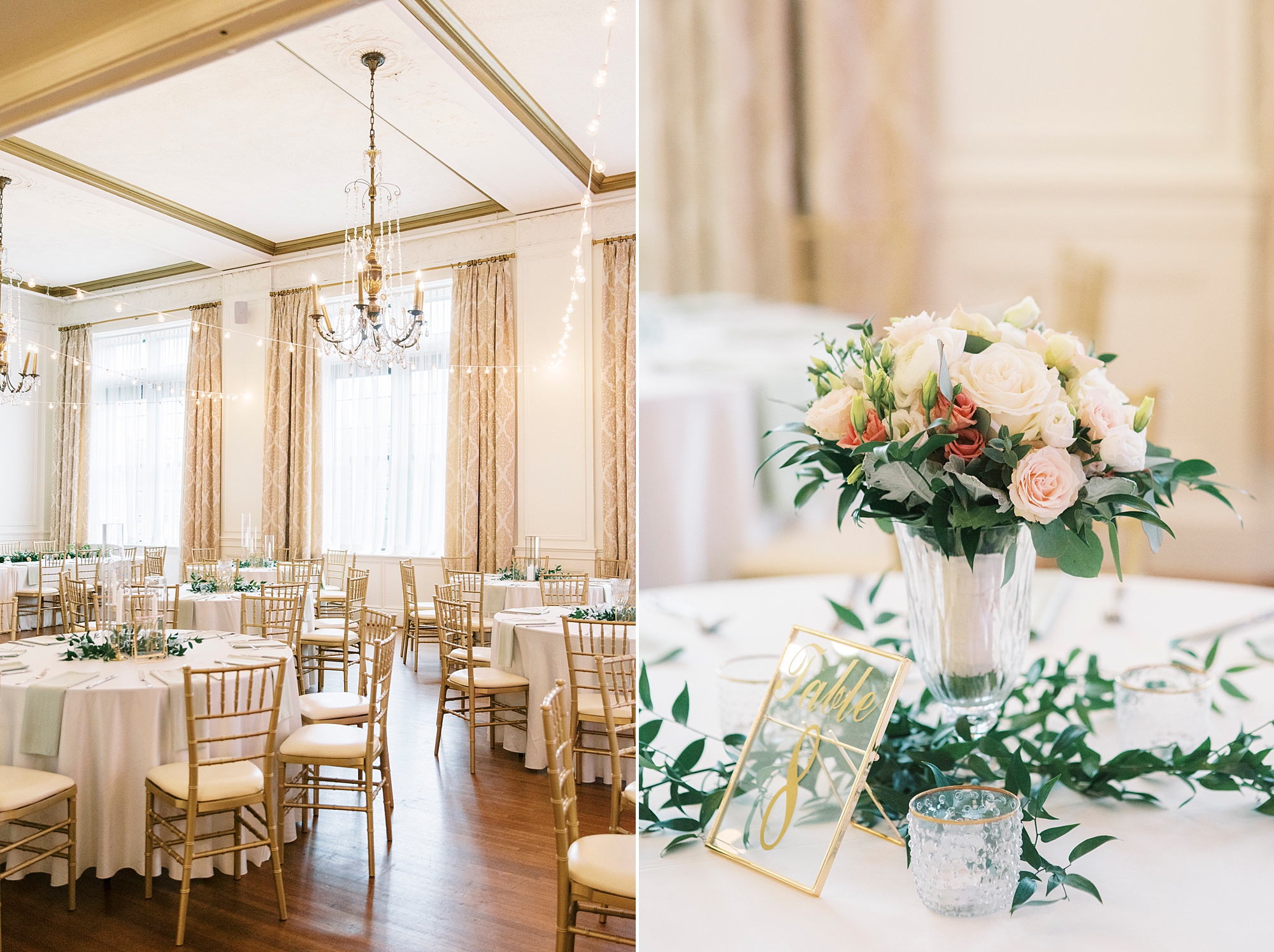 Hotel Concord wedding reception decor with gold and green details 