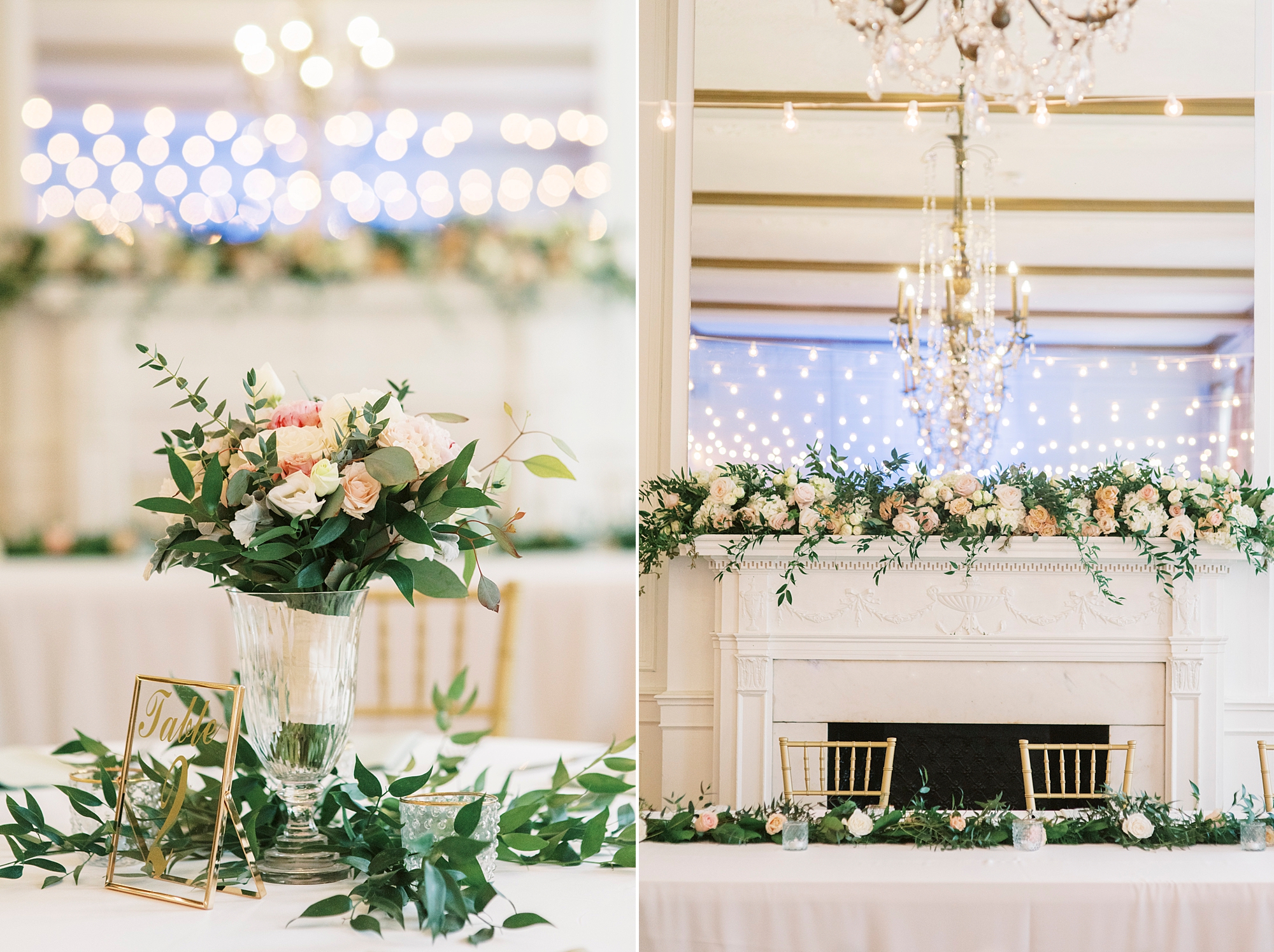 springtime Hotel Concord wedding reception with pink and green floral arrangements 