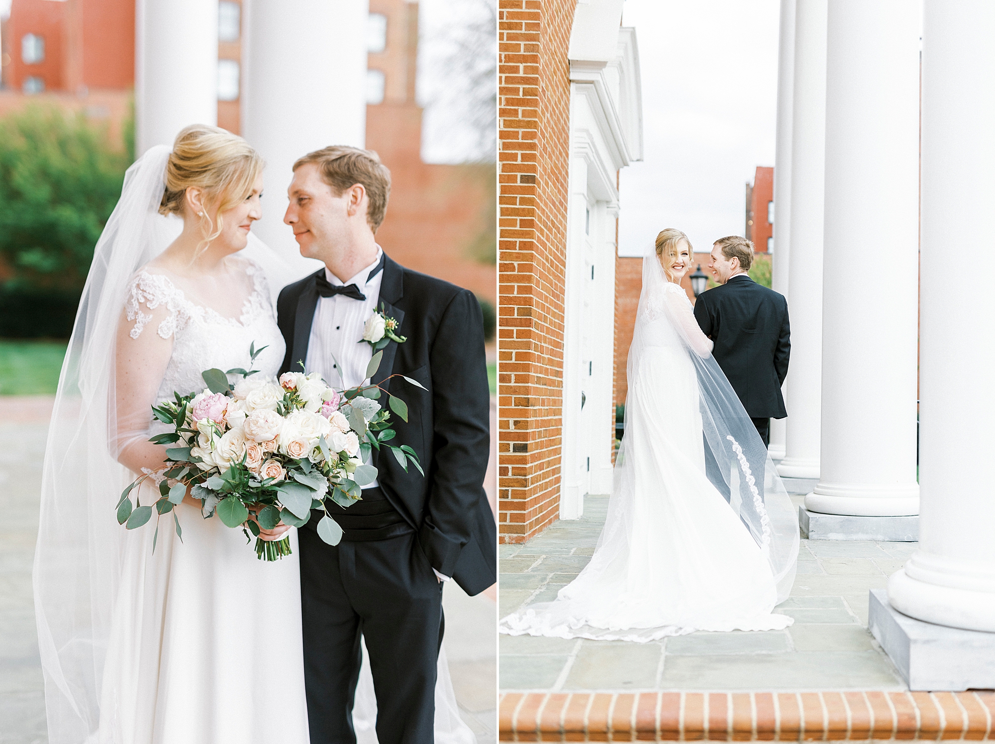 bride and groom stand on steps of church 