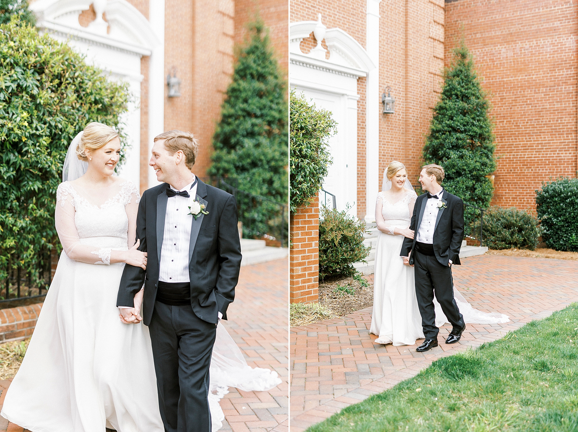 bride and groom walk outside brick church