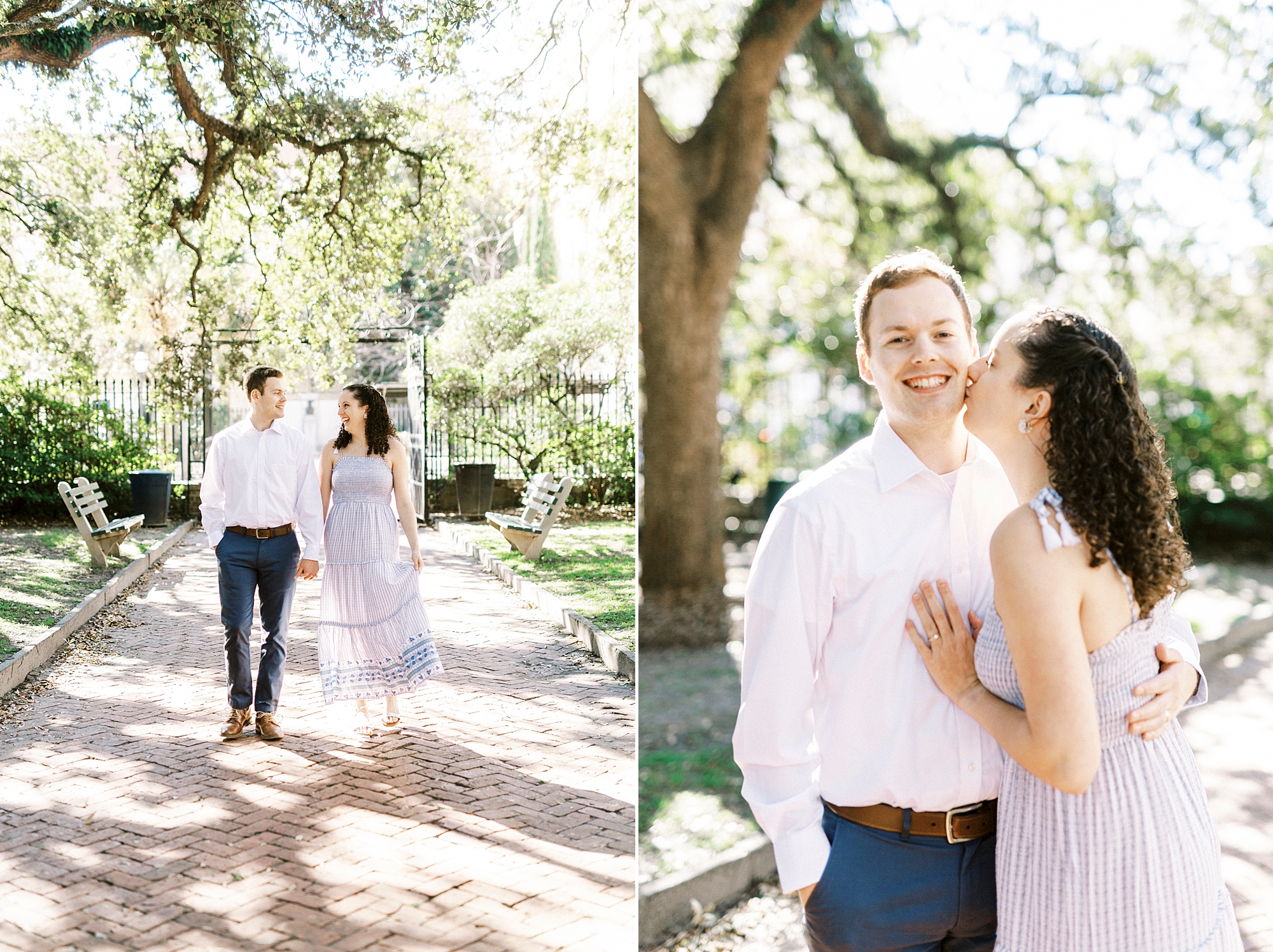 wife kisses husband's cheek during anniversary photos in Charleston