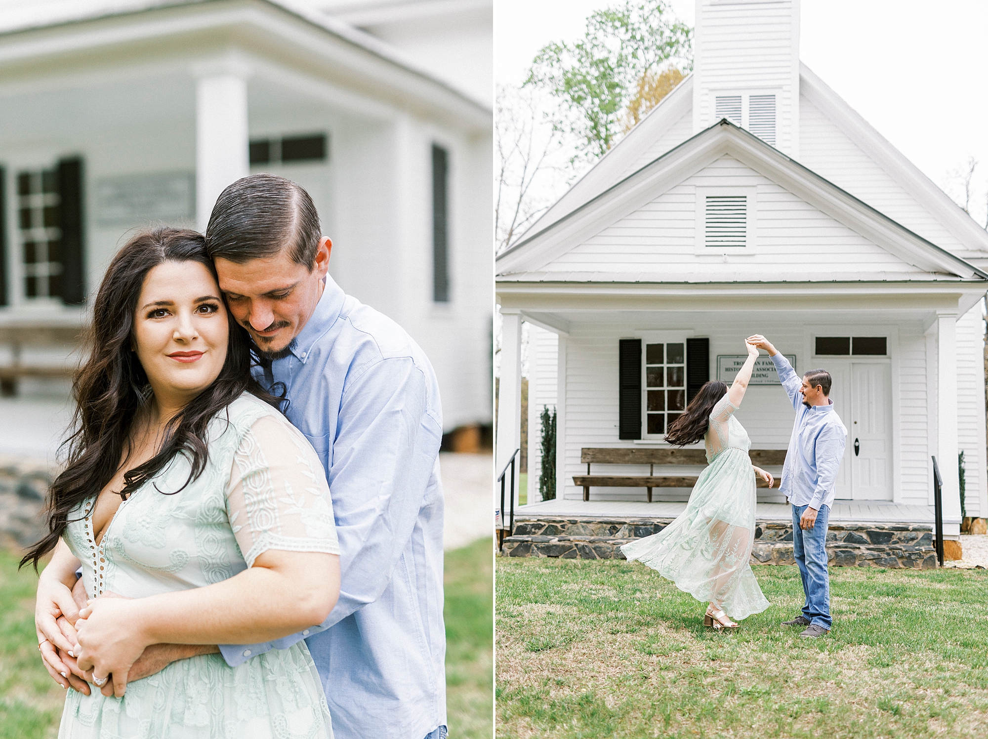 groom hugs bride during white chapel engagement session