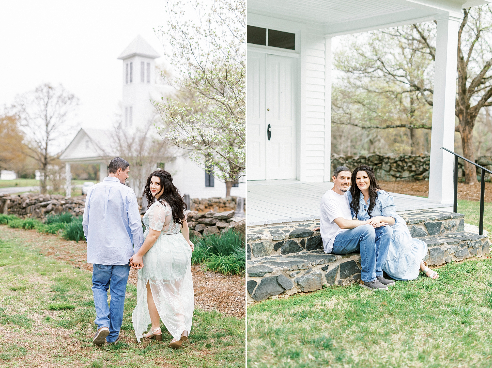 couple sits on front steps of chapel in NC