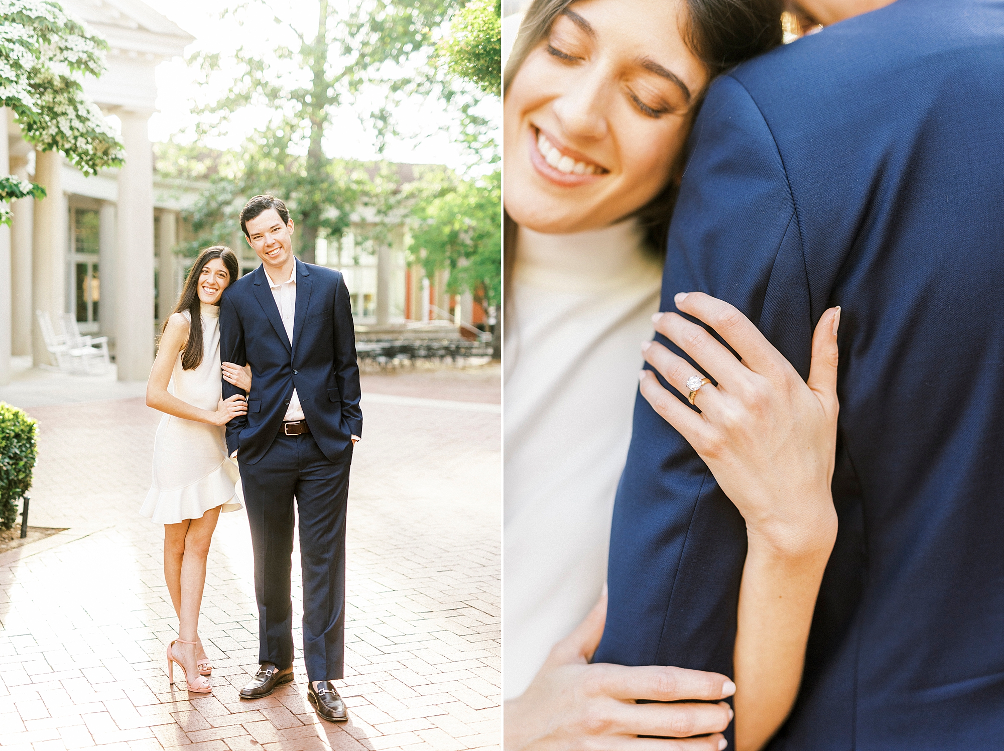 bride leans against groom's shoulder during Queens University engagement photos