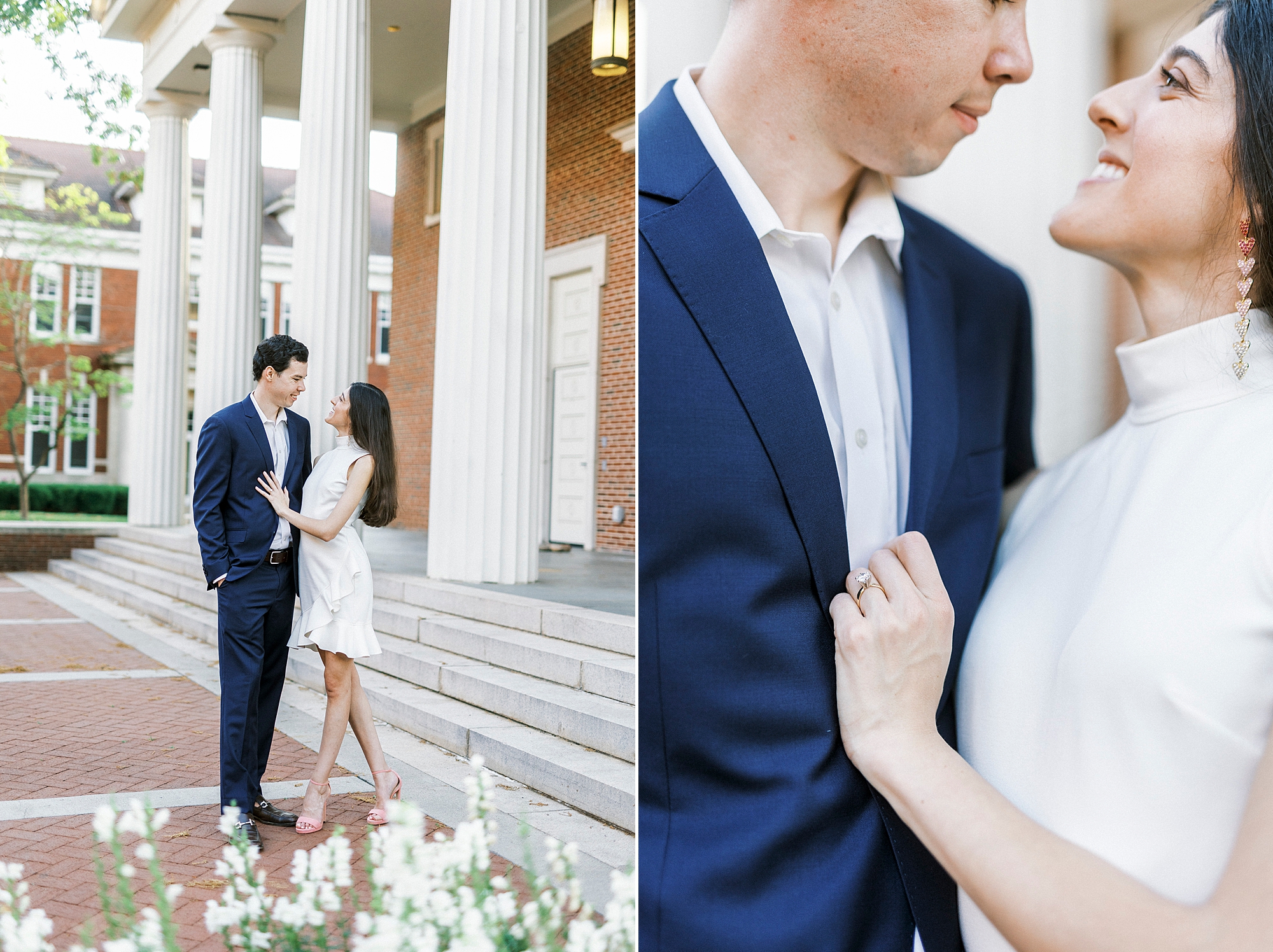 bride holds groom's navy suit lapel smiling up at him during engagement session