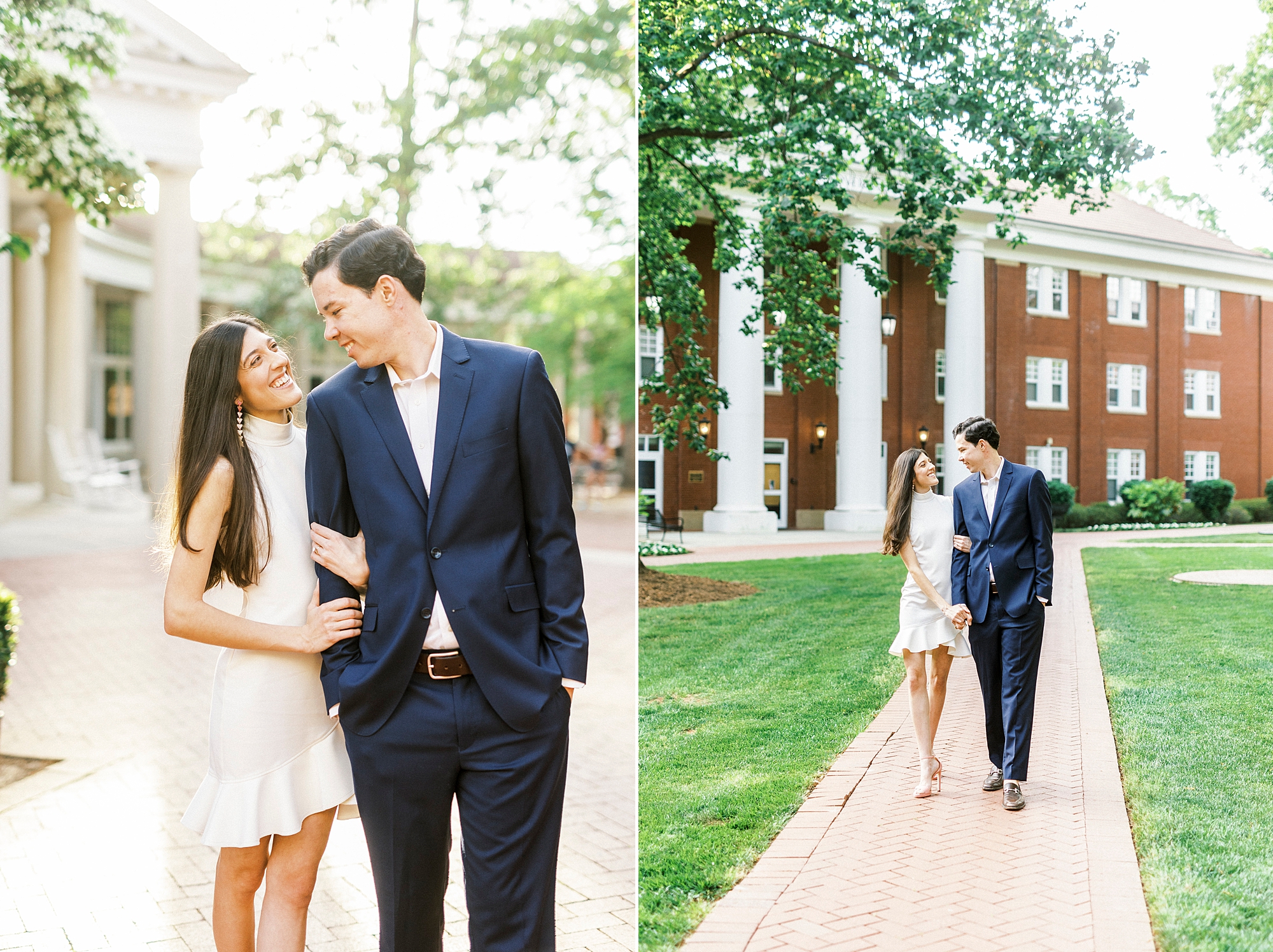 engaged couple walks down brick pathway outside Queens University
