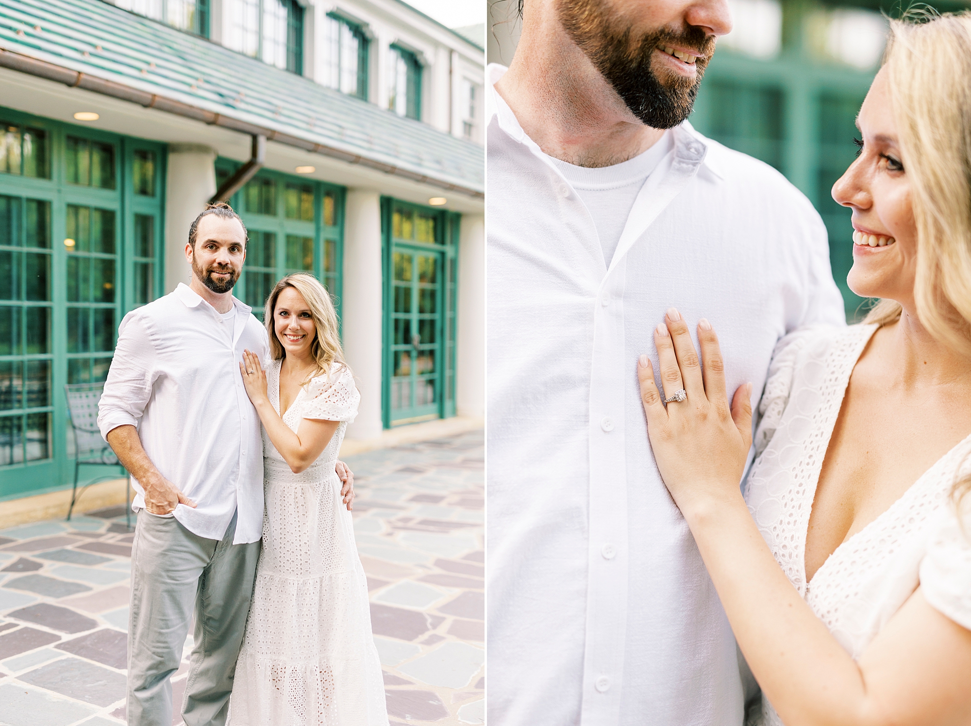 bride puts hand on groom's chest to show off ring