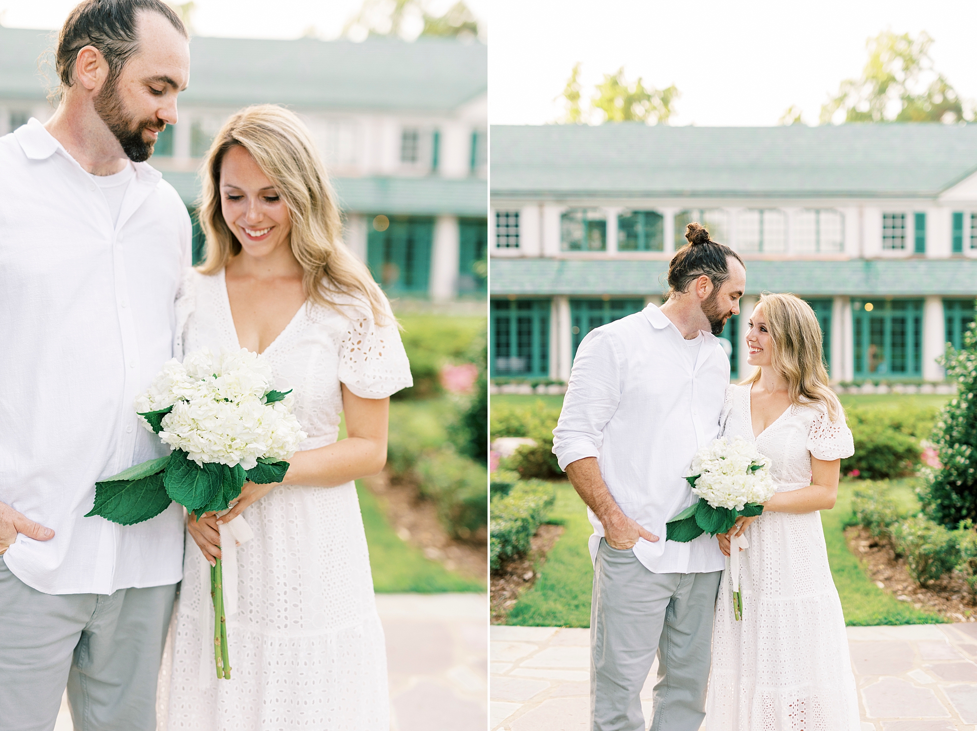 engaged couple stands outside house at Reynolda Gardens with white flowers 
