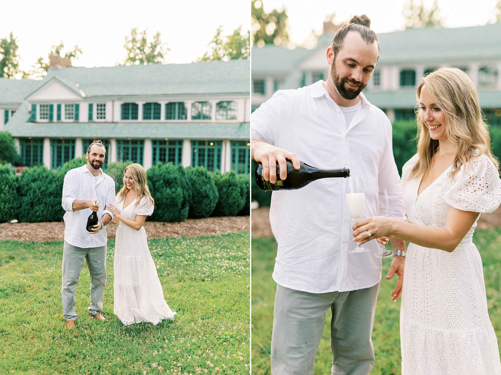 groom pours champagne during engagement photos at Reynolda Gardens