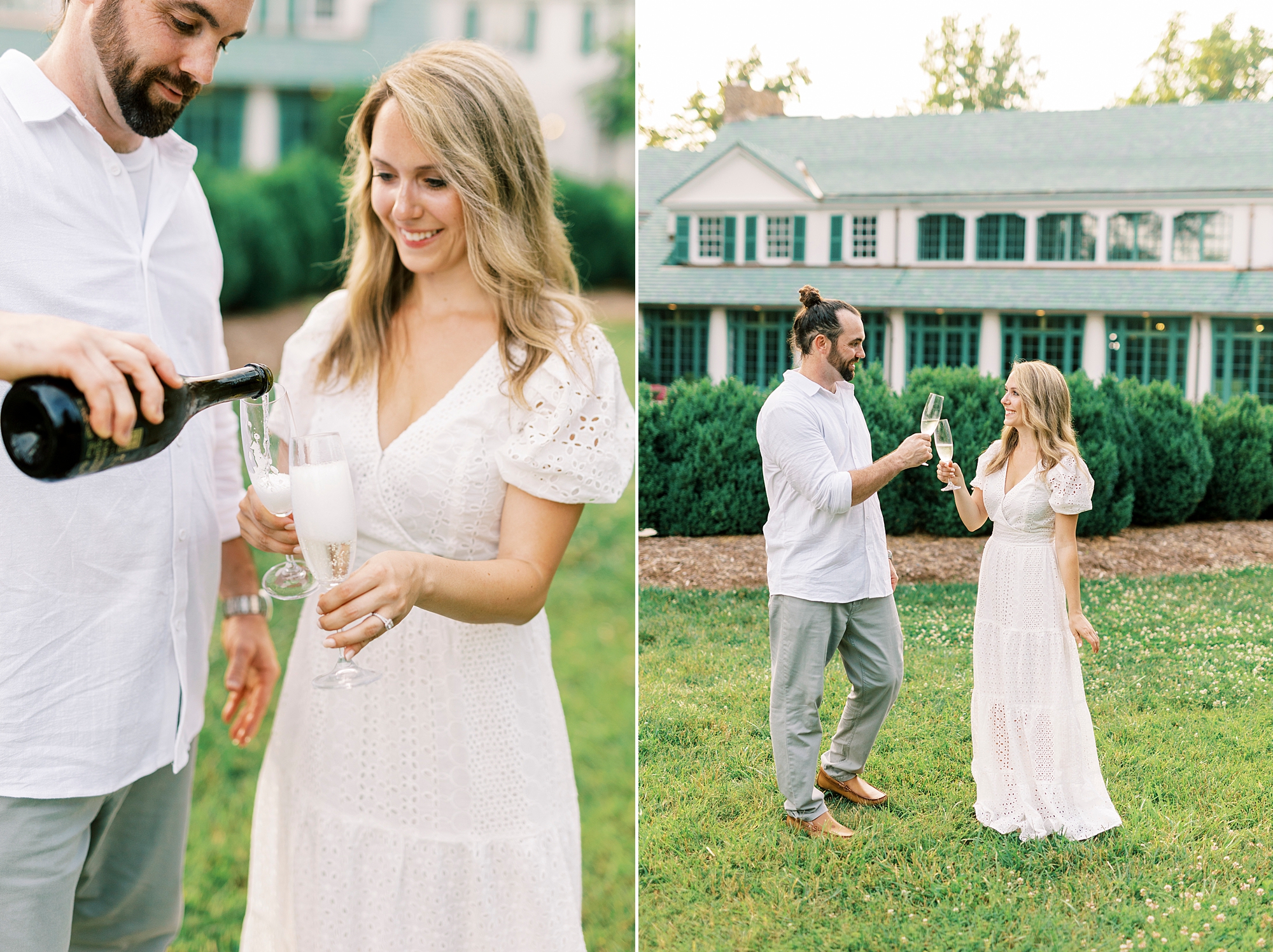 couple toasts with champagne during NC engagement session