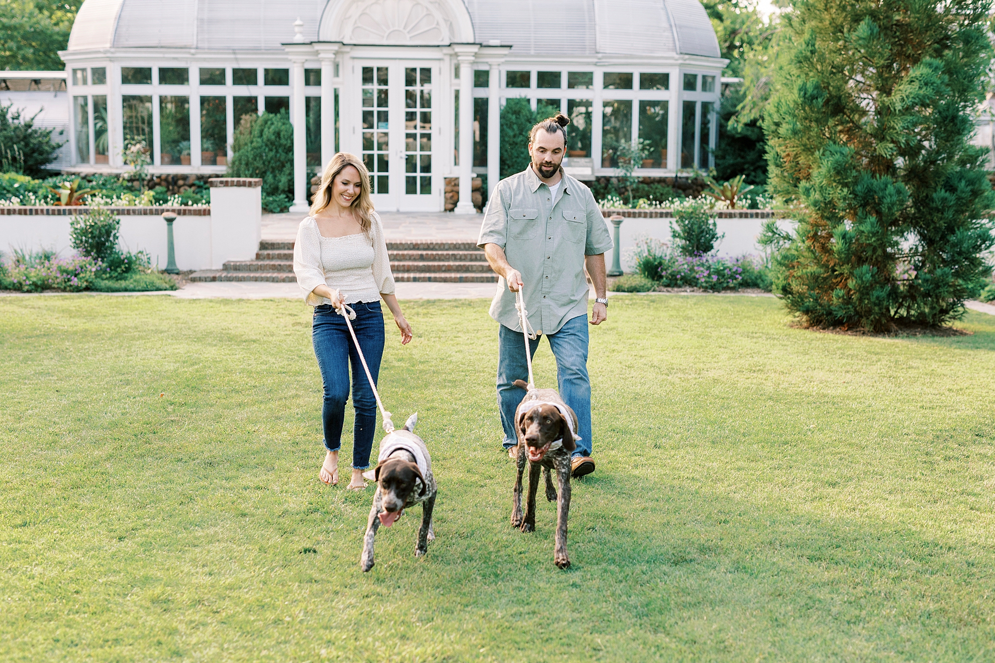 engaged couple walks on lawn of Reynolda Gardens with dogs