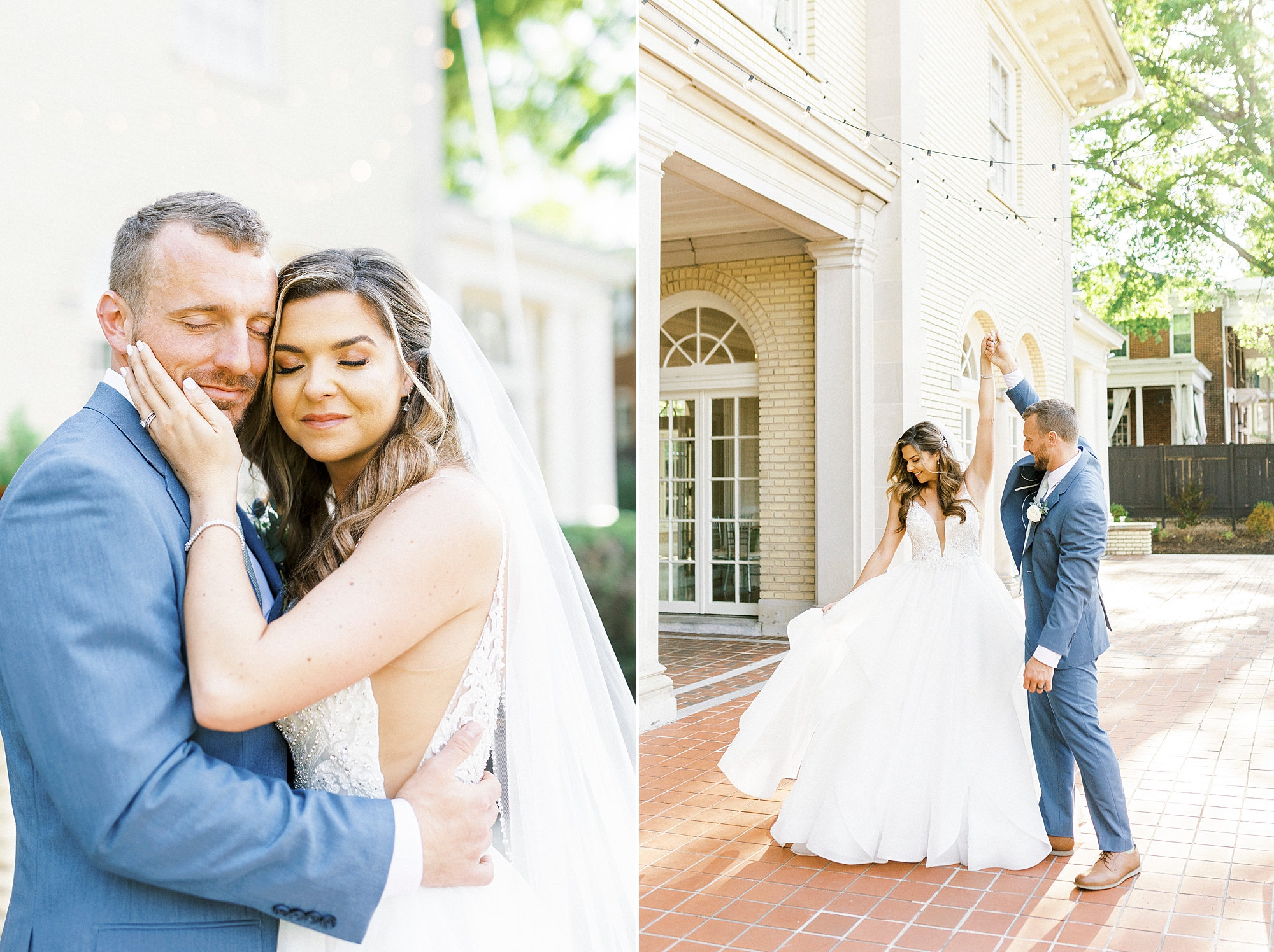 groom twirls bride during wedding portraits at Separk Mansion