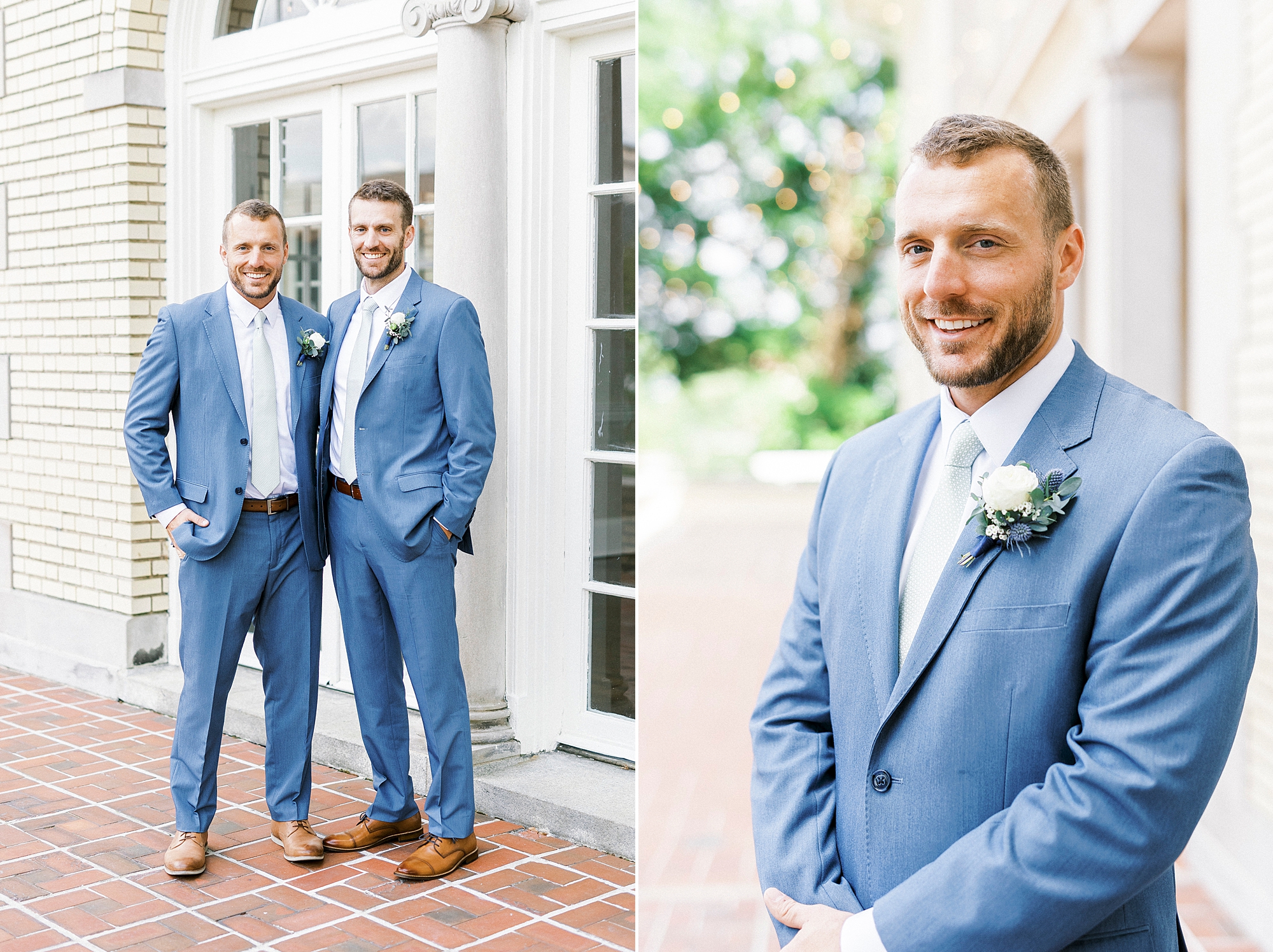groom stands with groomsman in navy suit at Separk Mansion