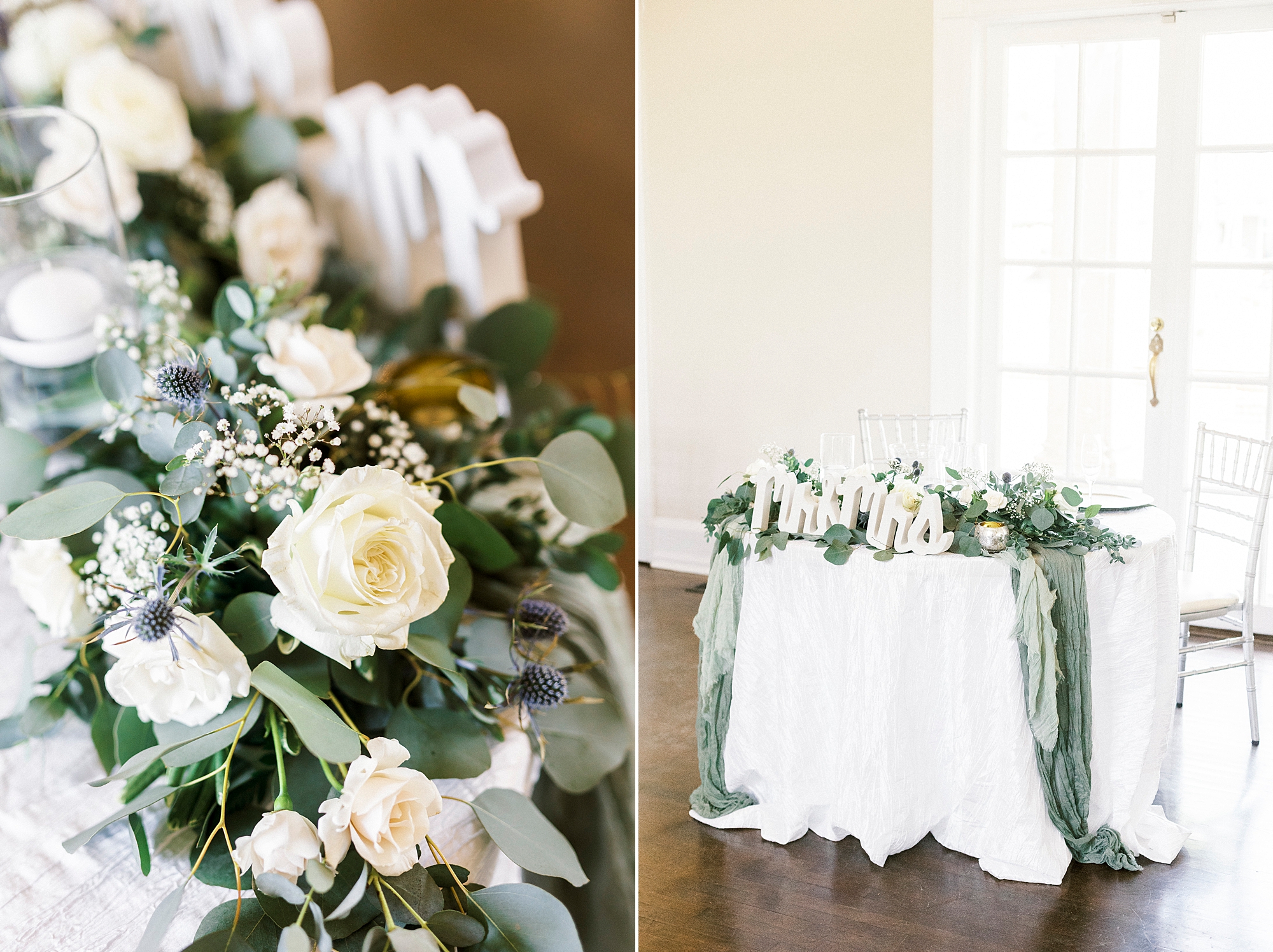sweetheart table at Separk Mansion with ivory roses and greenery
