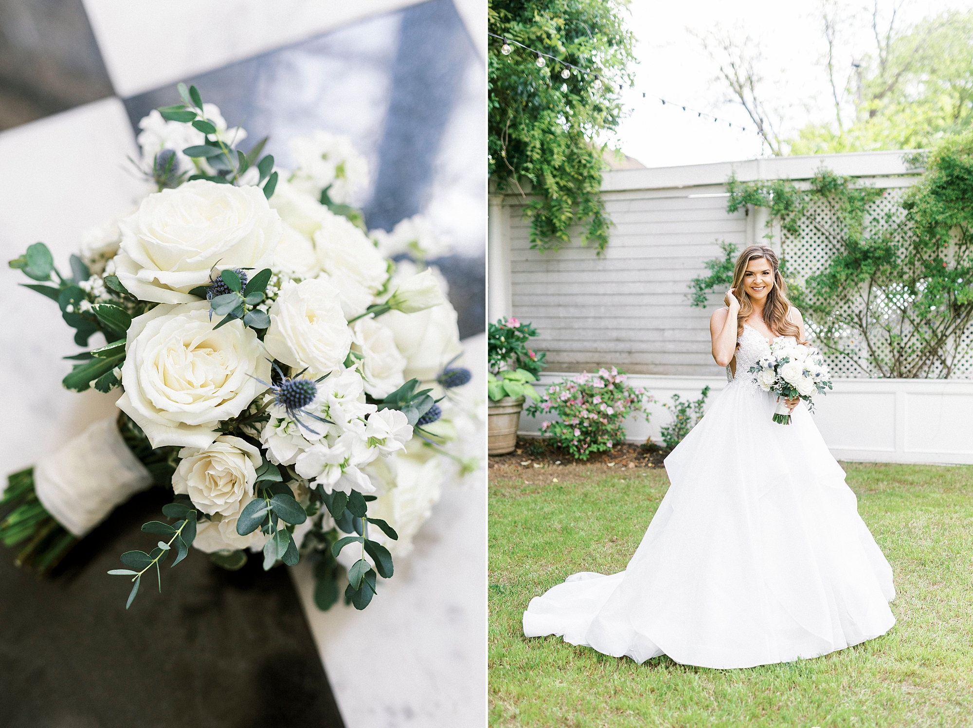 bride holds bouquet with white roses for spring Separk Mansion wedding day