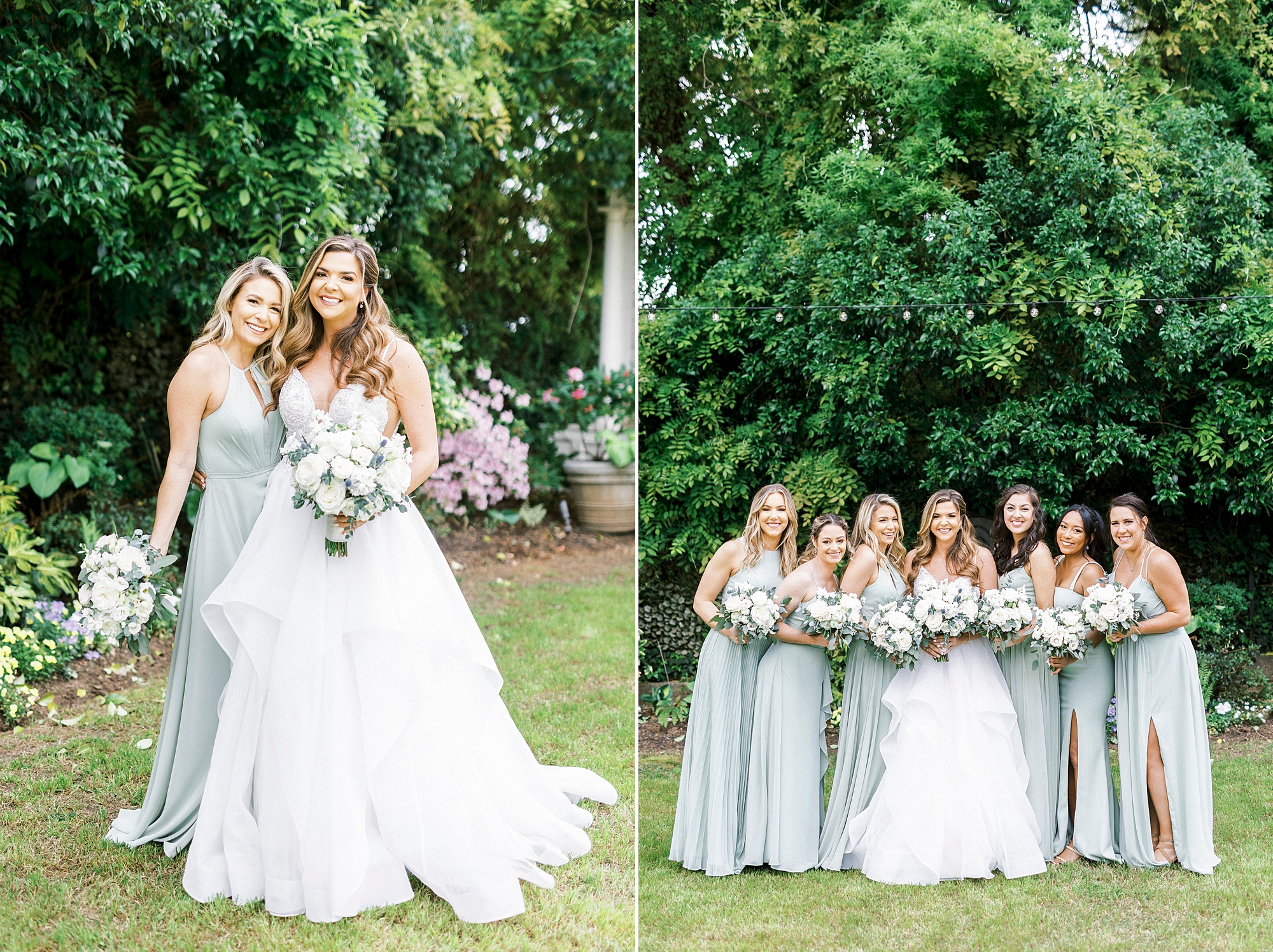 bride stands with bridesmaids in light green gowns