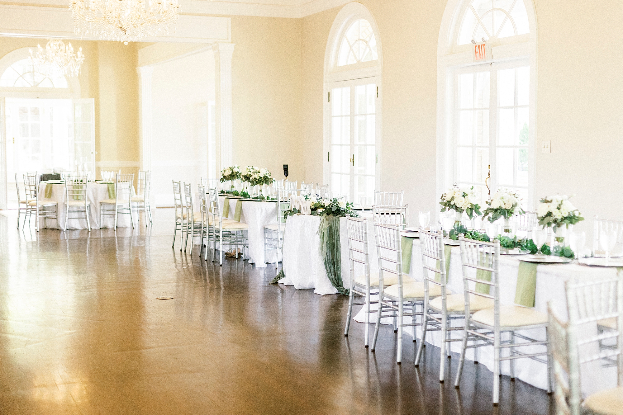 wedding reception at Separk Mansion with green and ivory florals