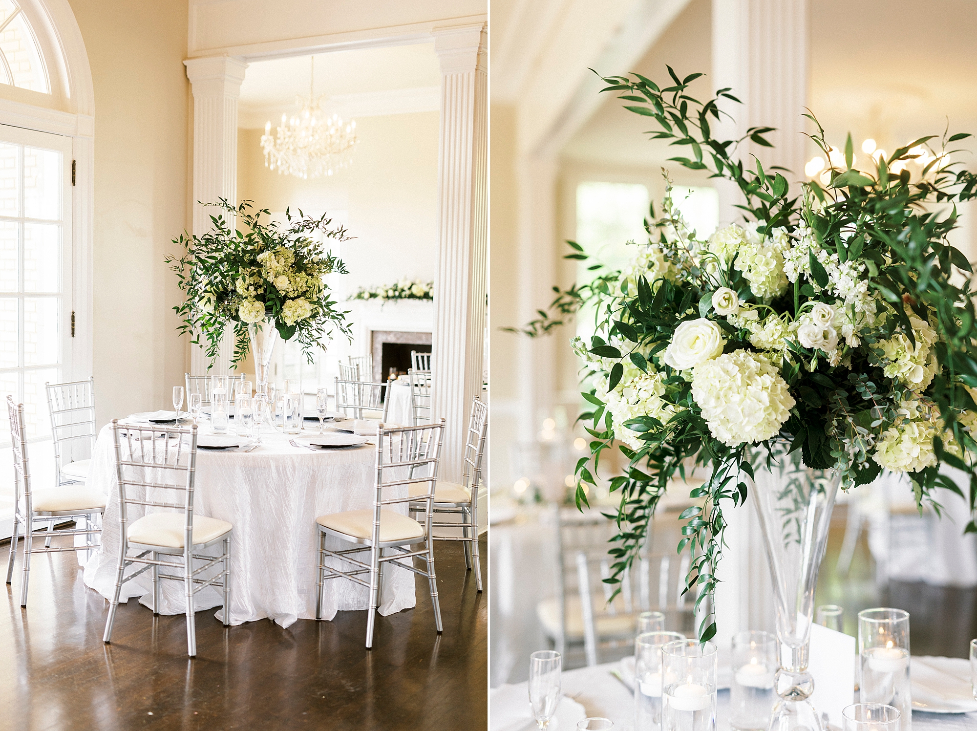 wedding reception with classic white and green floral centerpieces