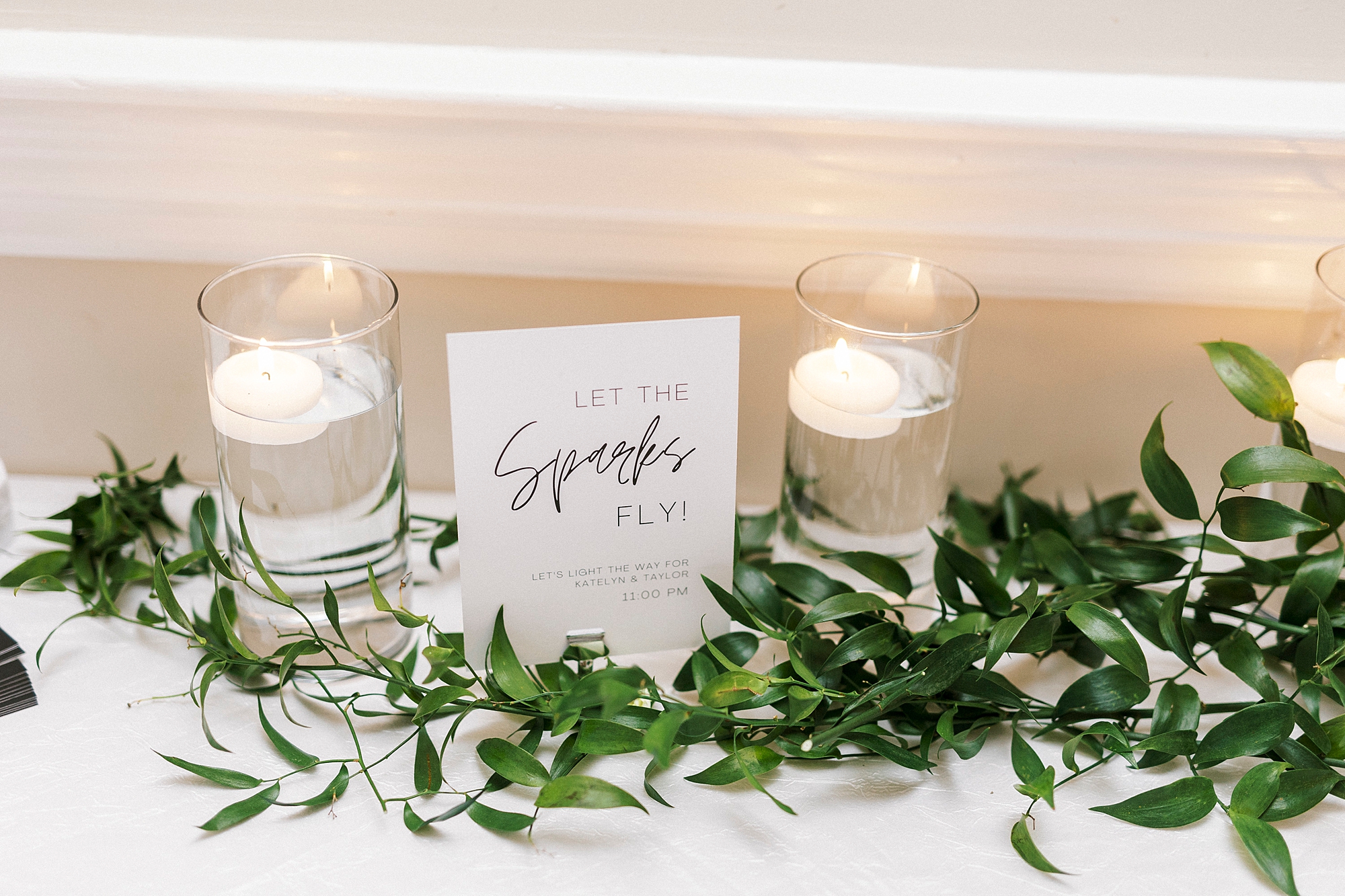 sign for wedding reception between two floating candles 