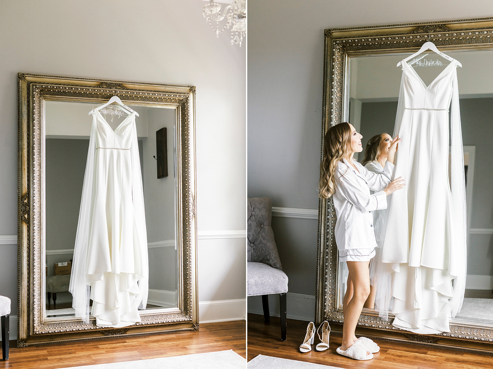 bride looks at wedding gown hanging on gold mirror at Separk Mansion