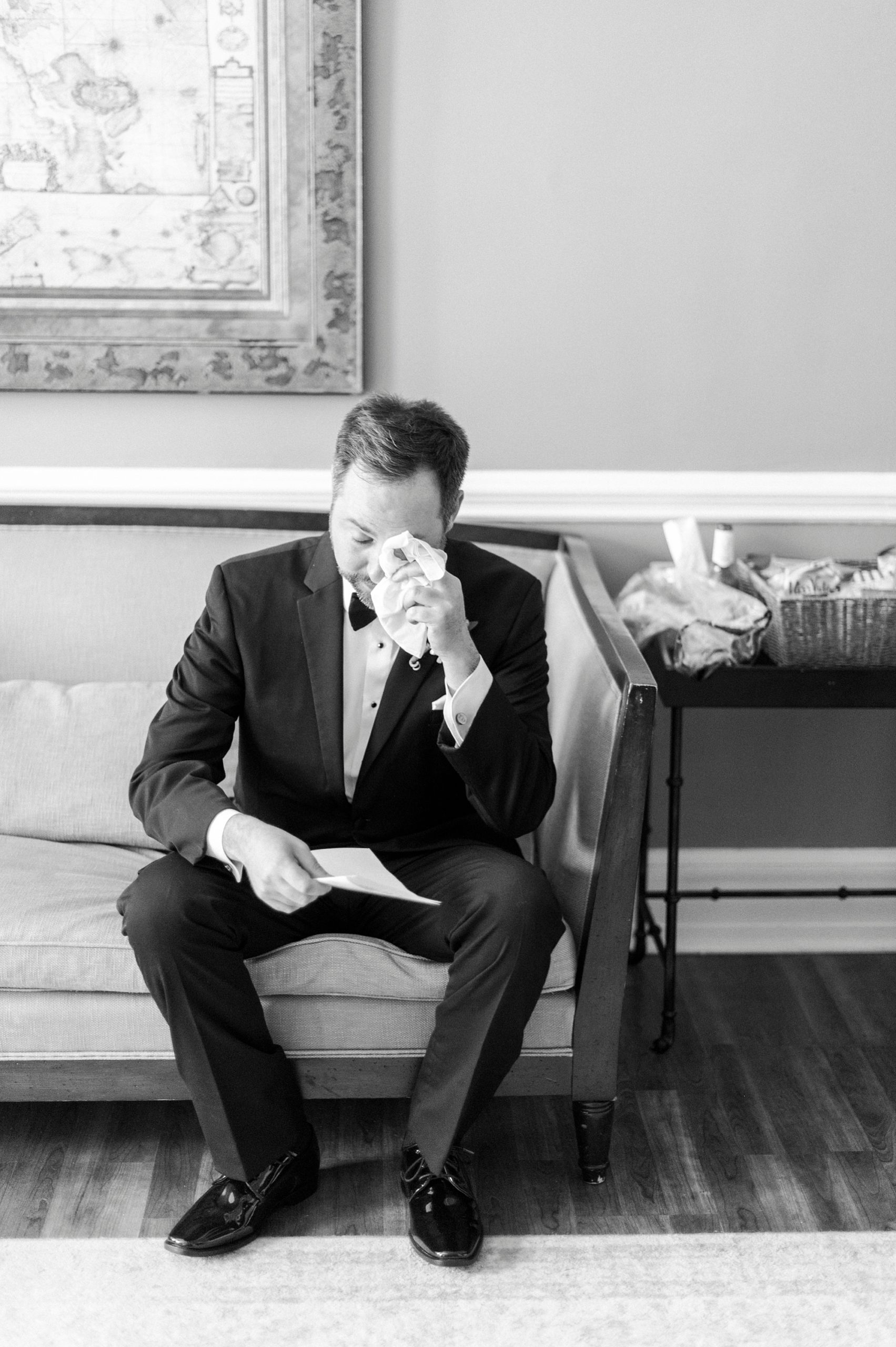 groom cries reading letter on wedding morning at Separk Mansion