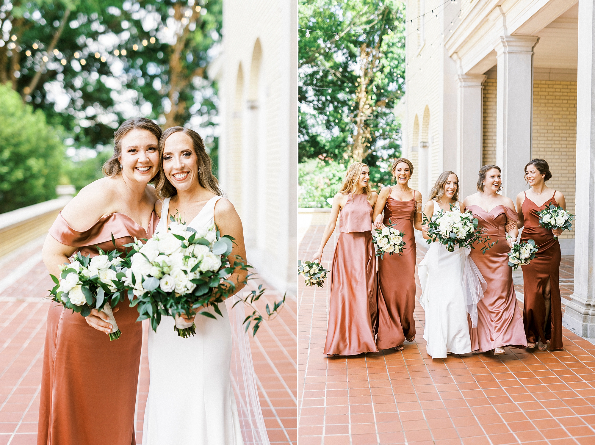 bride poses with bridesmaids in copper dresses outside Separk Mansion