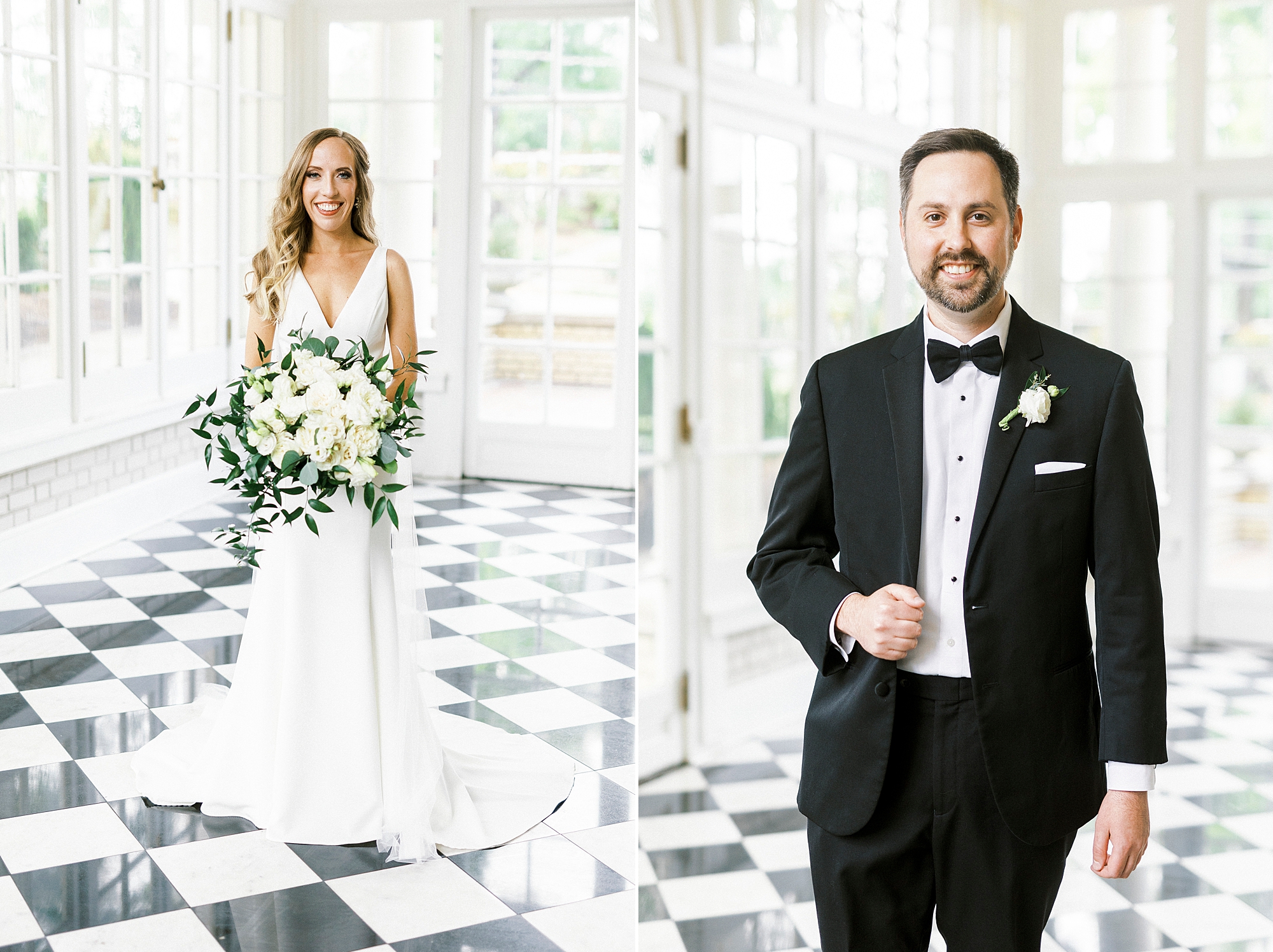 newlyweds pose in sunroom with black and whit floor at Separk Mansion