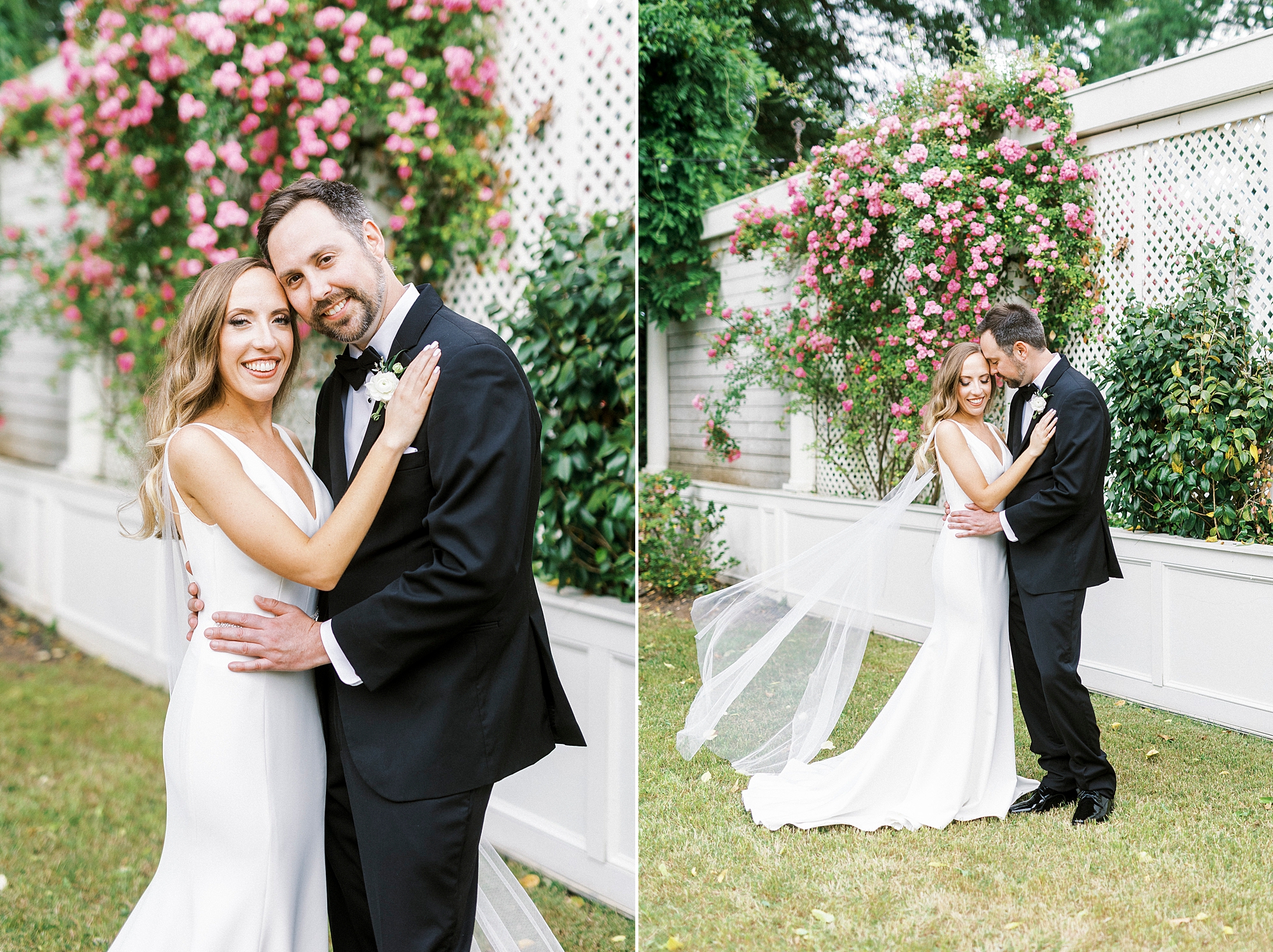 newlyweds hug by pink flowers in garden of Separk Mansion