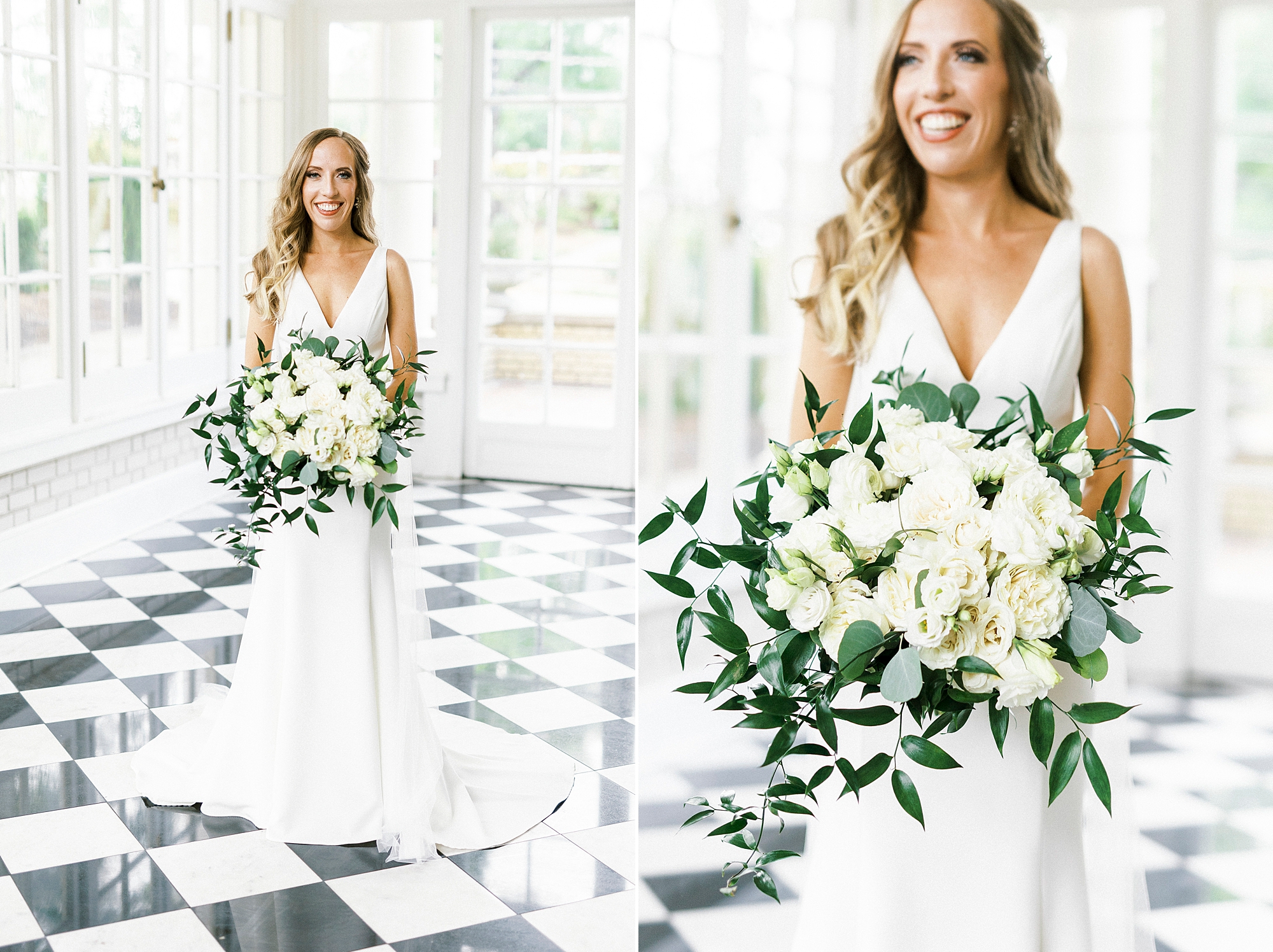bride stands holding all-white bouquet in sunroom of Separk Mansion