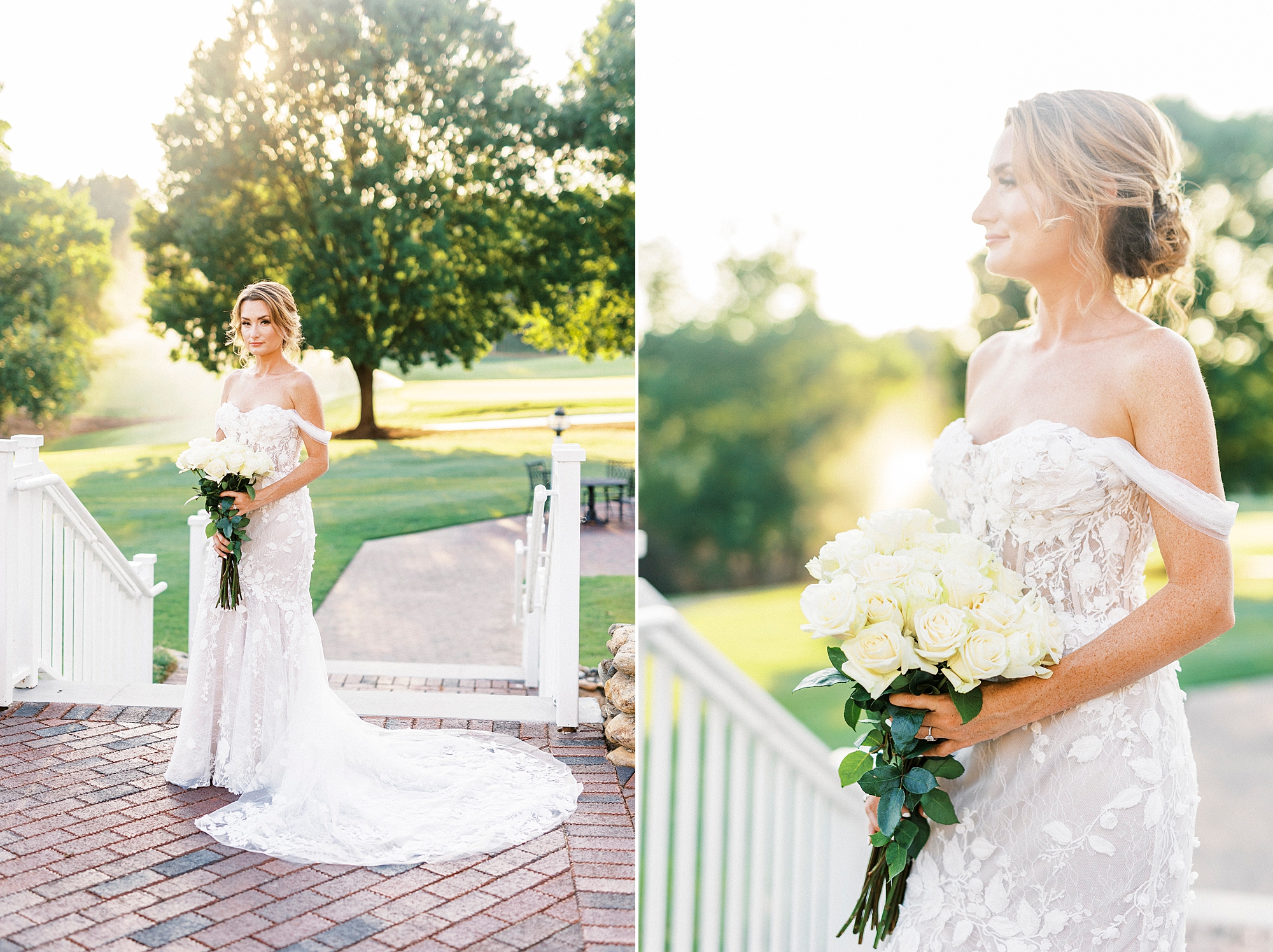 bride holds bouquet of white roses during sunset