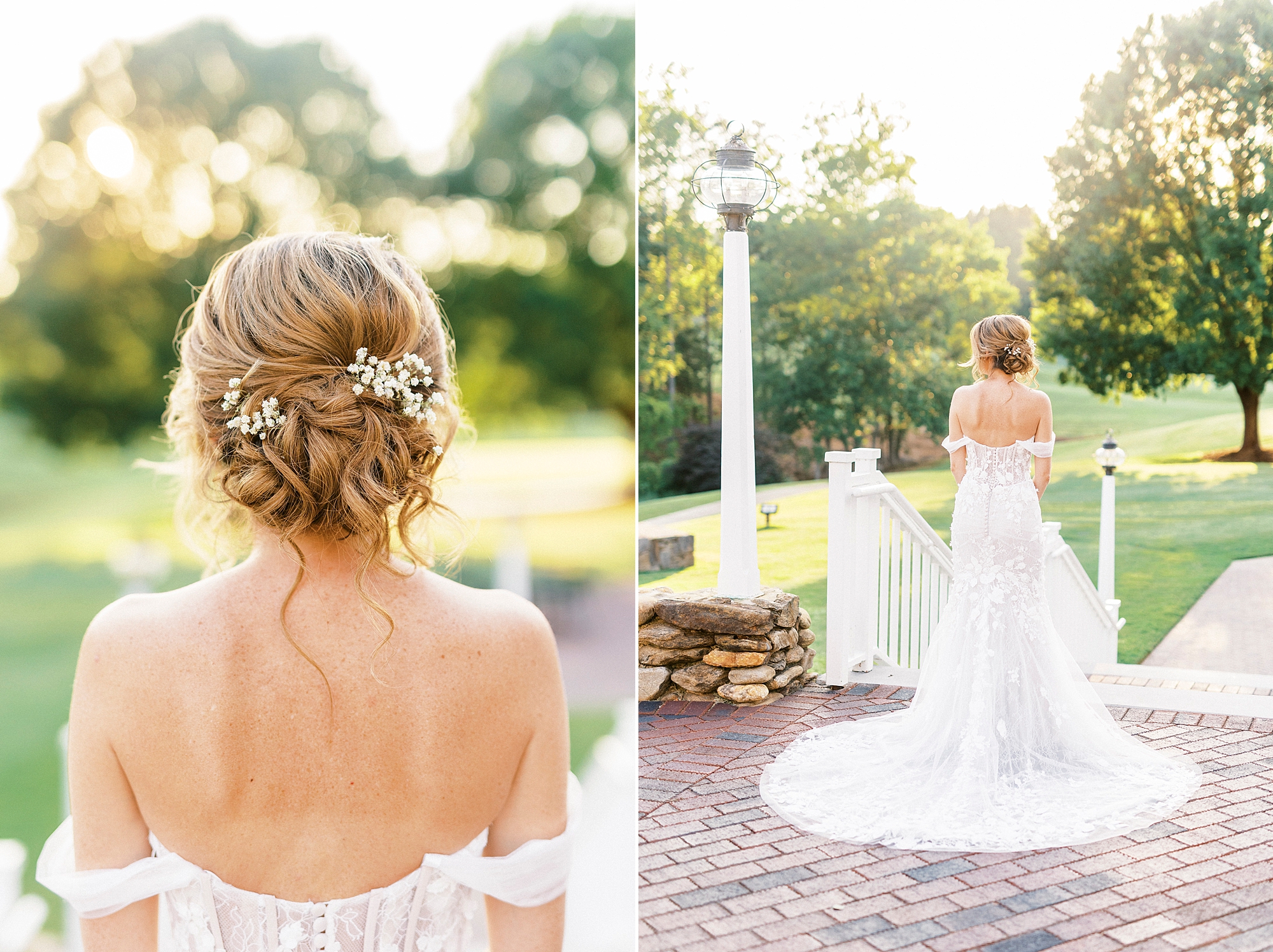 bride stands with hair in updo looking at golf course