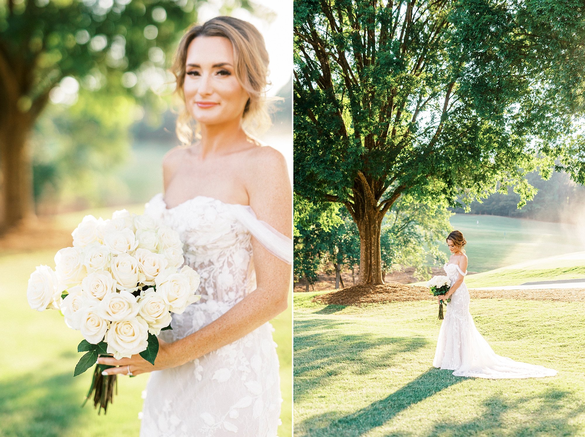 bride in off-the-shoulder gown holds bouquet of white flowers