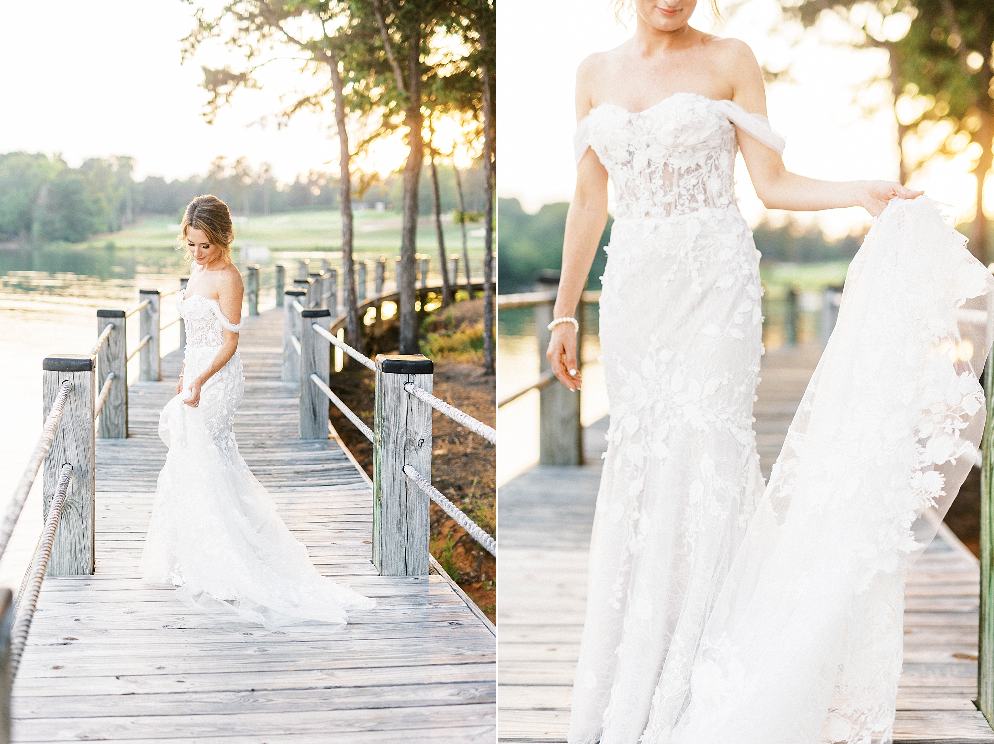 bride stands in strapless wedding gown on wooden walkway at Trump National Golf Club
