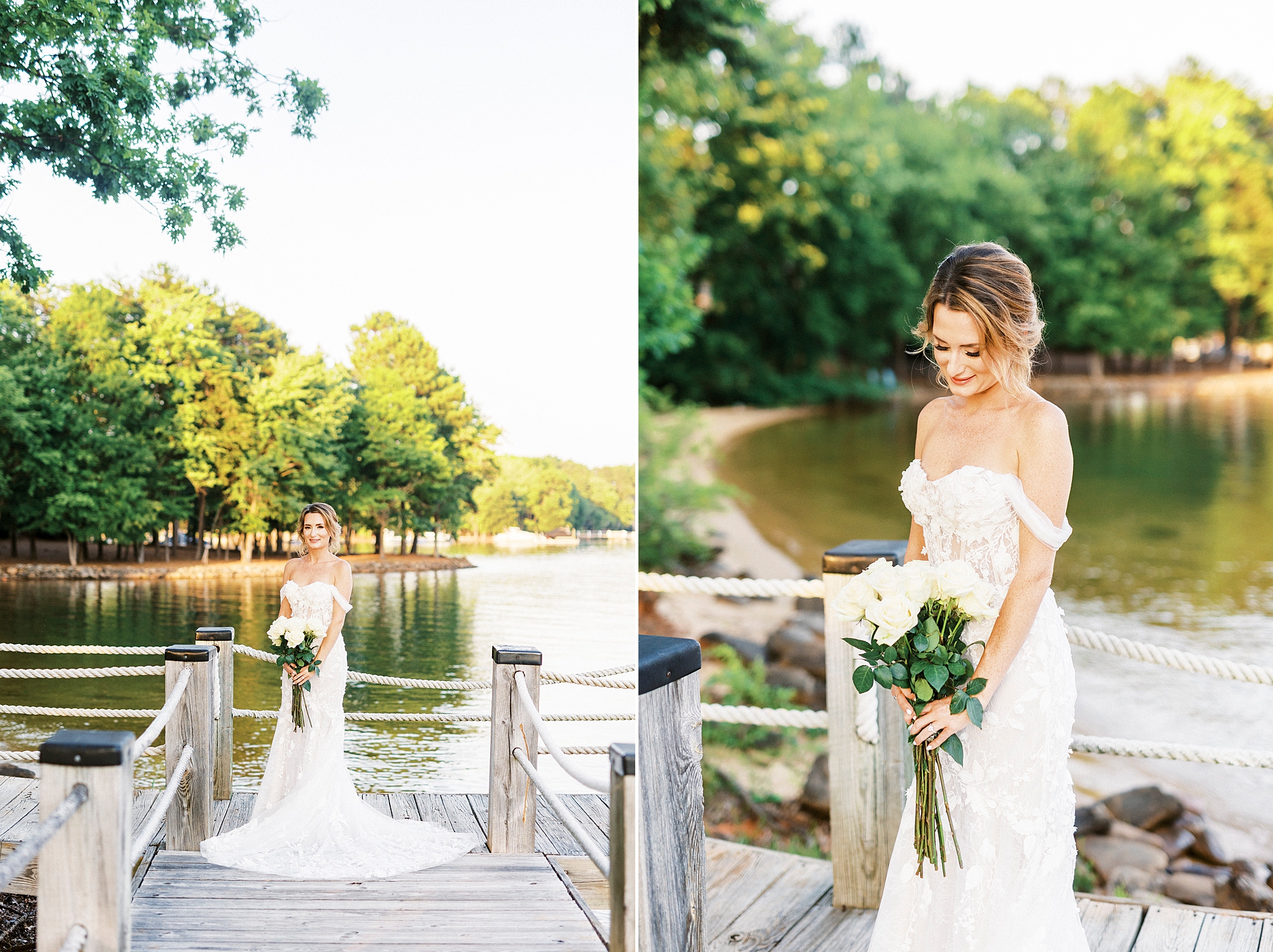 bride looks down at bouquet of white roses on wooden dock