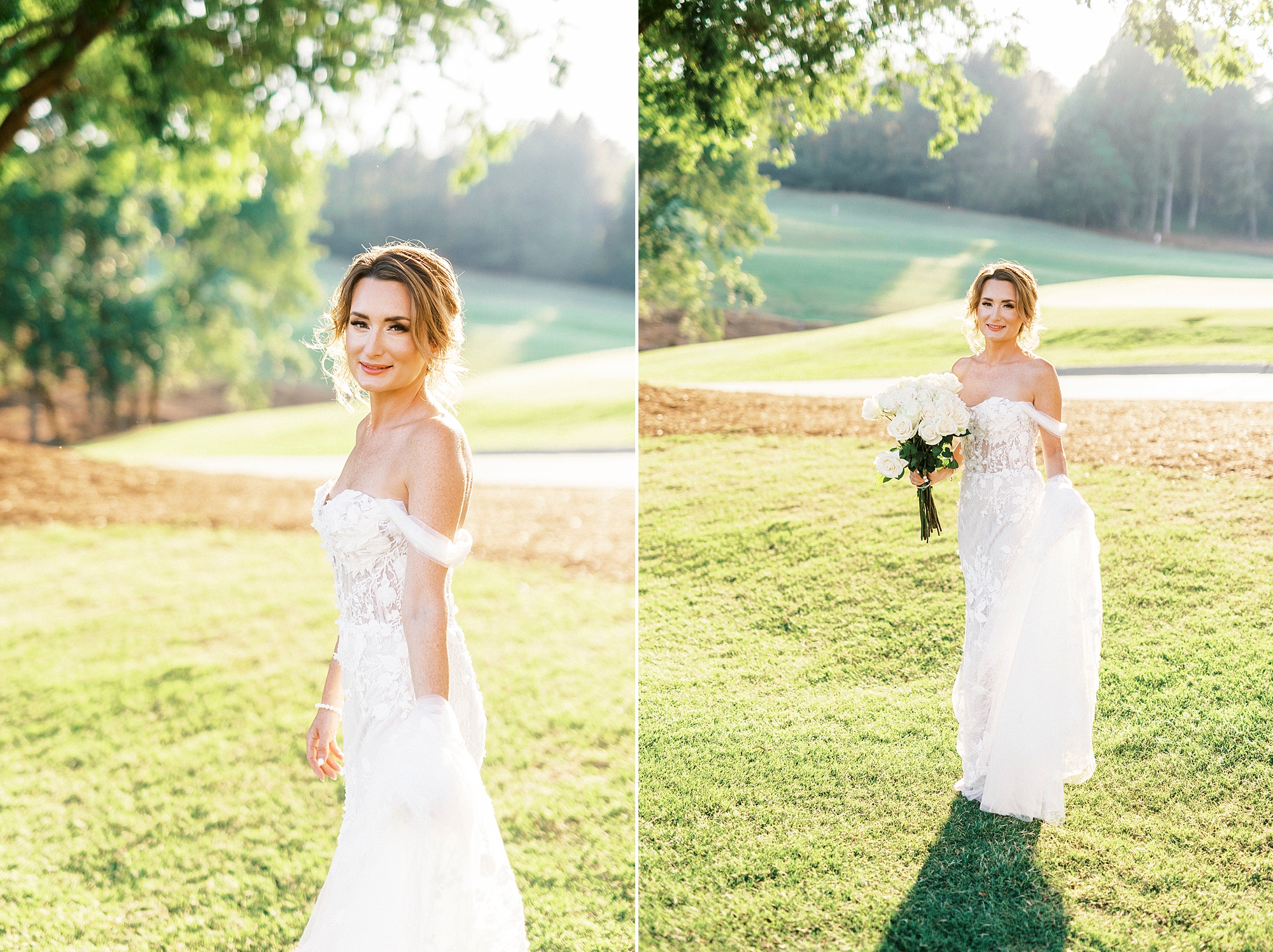 bride walks through golf course holding skirt of wedding dress