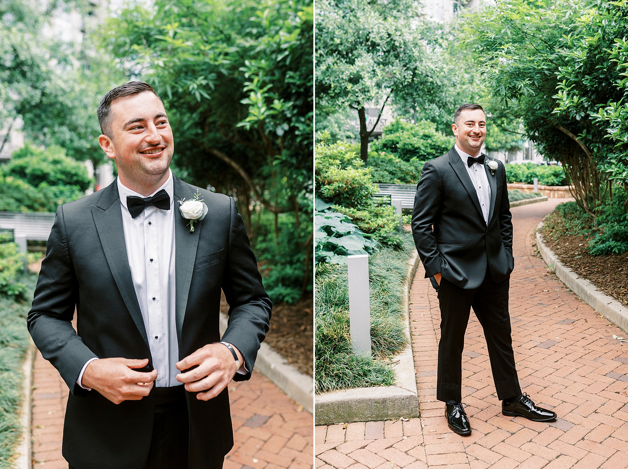 groom waits for first look in Charlotte park