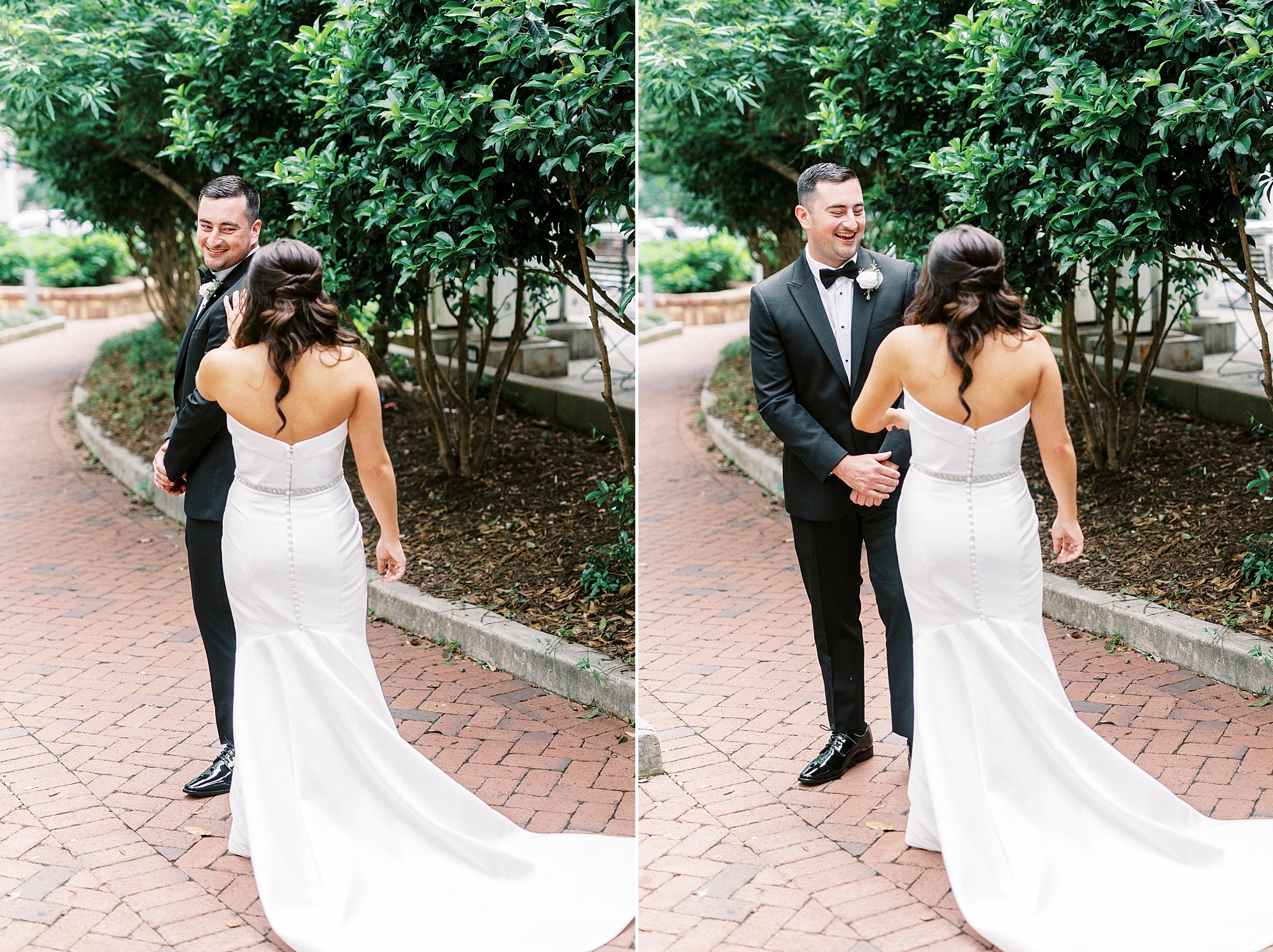 bride and groom approach each other at Kimpton Tyron Park in Charlotte NC