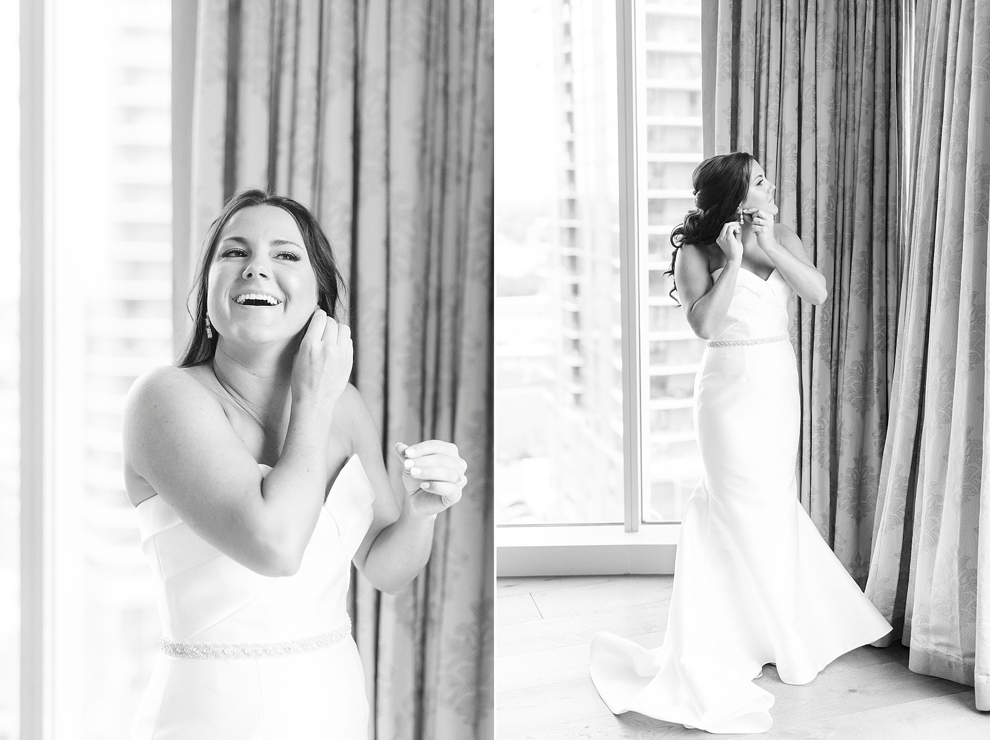 black and white portrait of bride putting on earrings in Charlotte NC