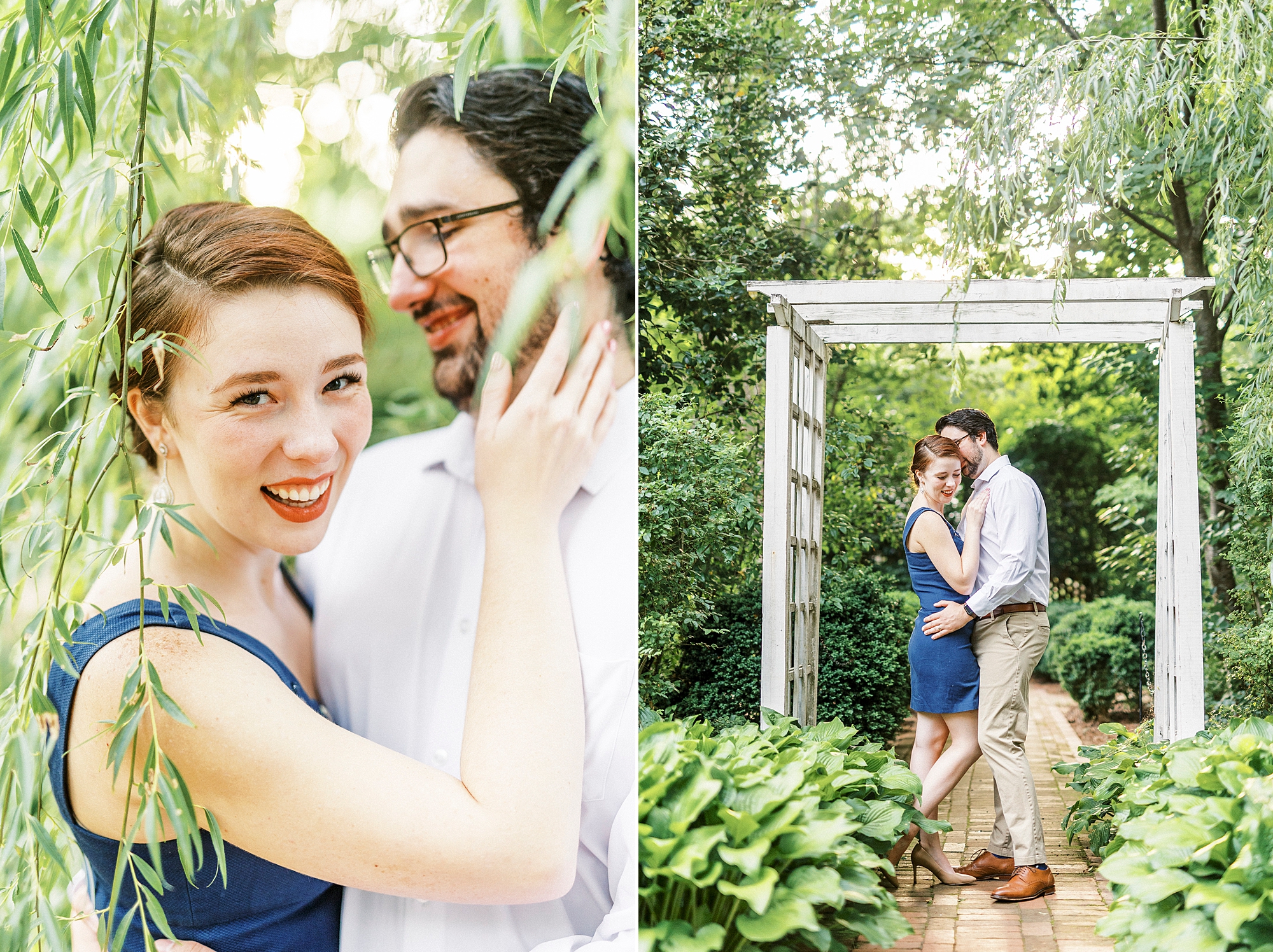 married couple laughs together under white arbor at Wing Haven Garden