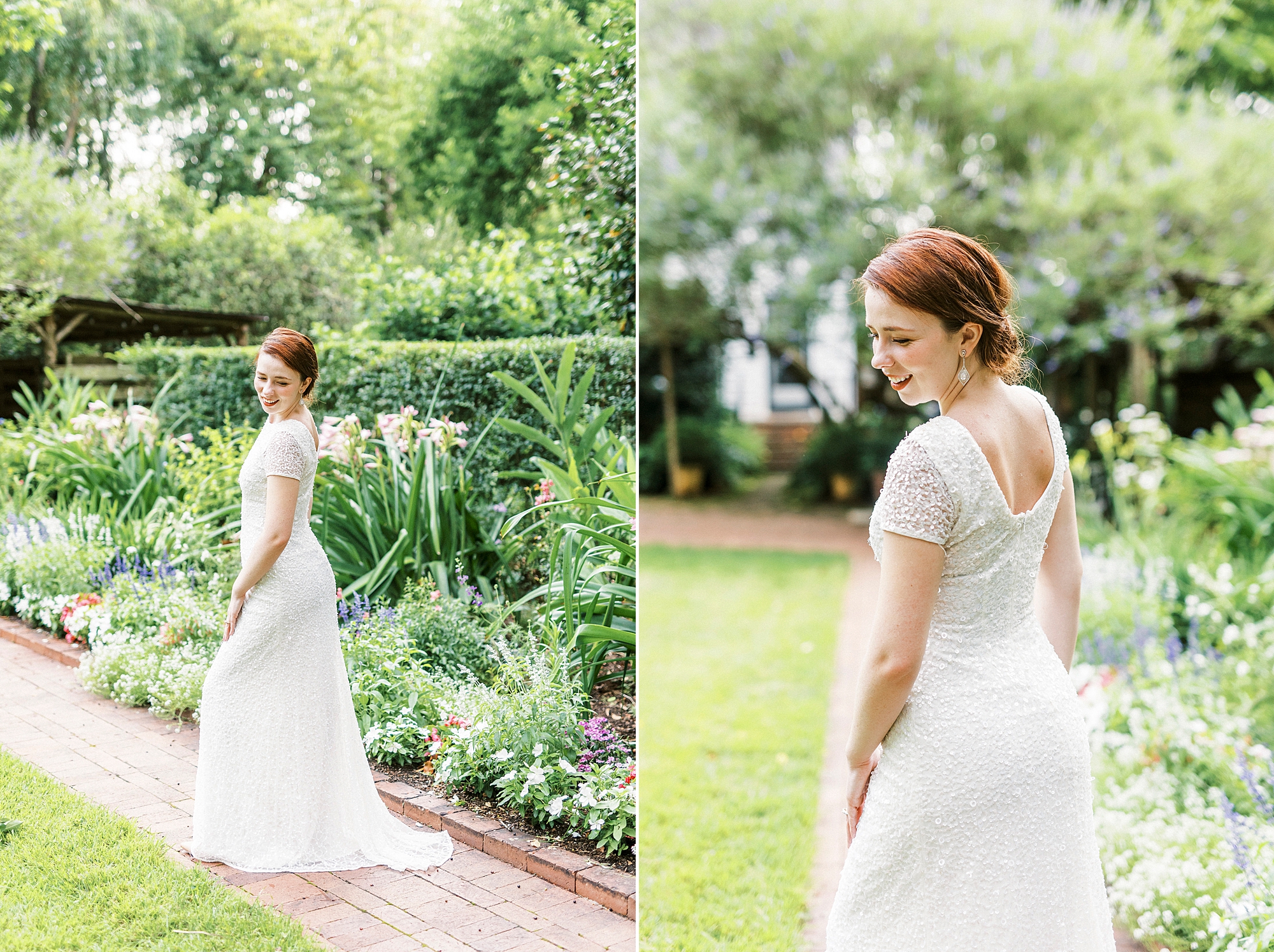 woman shows off thrifted wedding gown for anniversary portraits at Wing Haven Garden