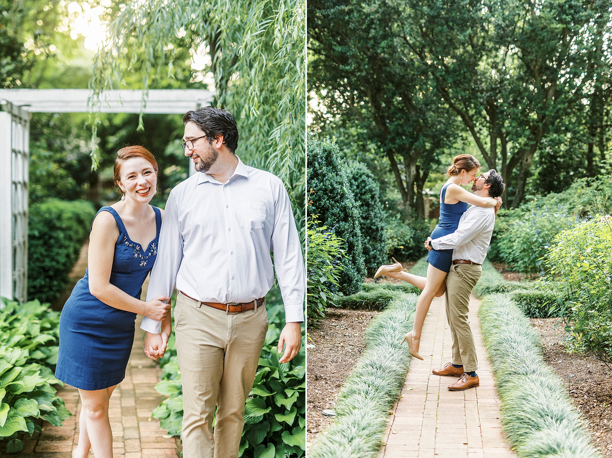 married couple hugs in Wing Haven Garden kissing during anniversary session 