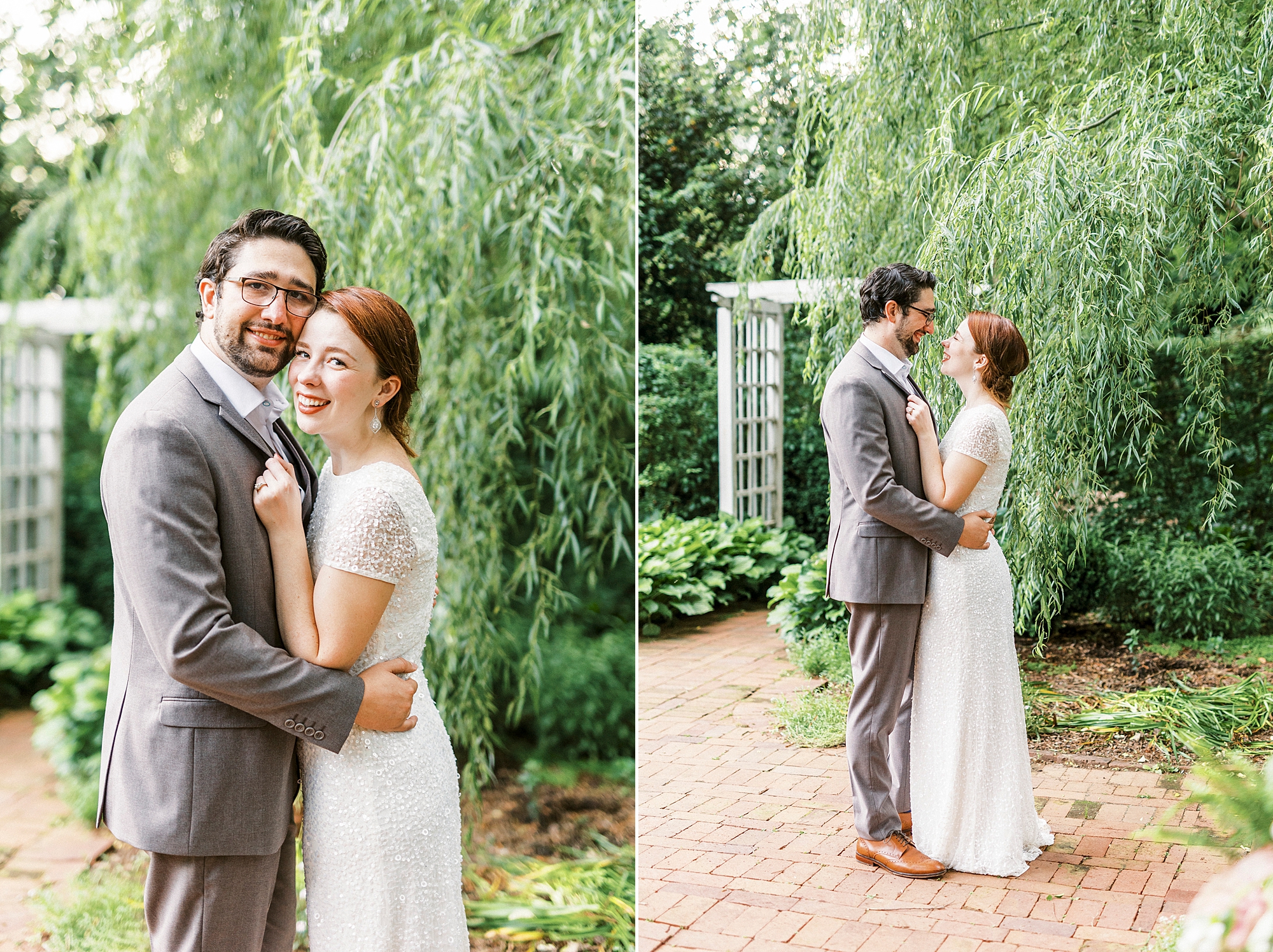 married couple hugs in the gardens of Wing Haven Garden