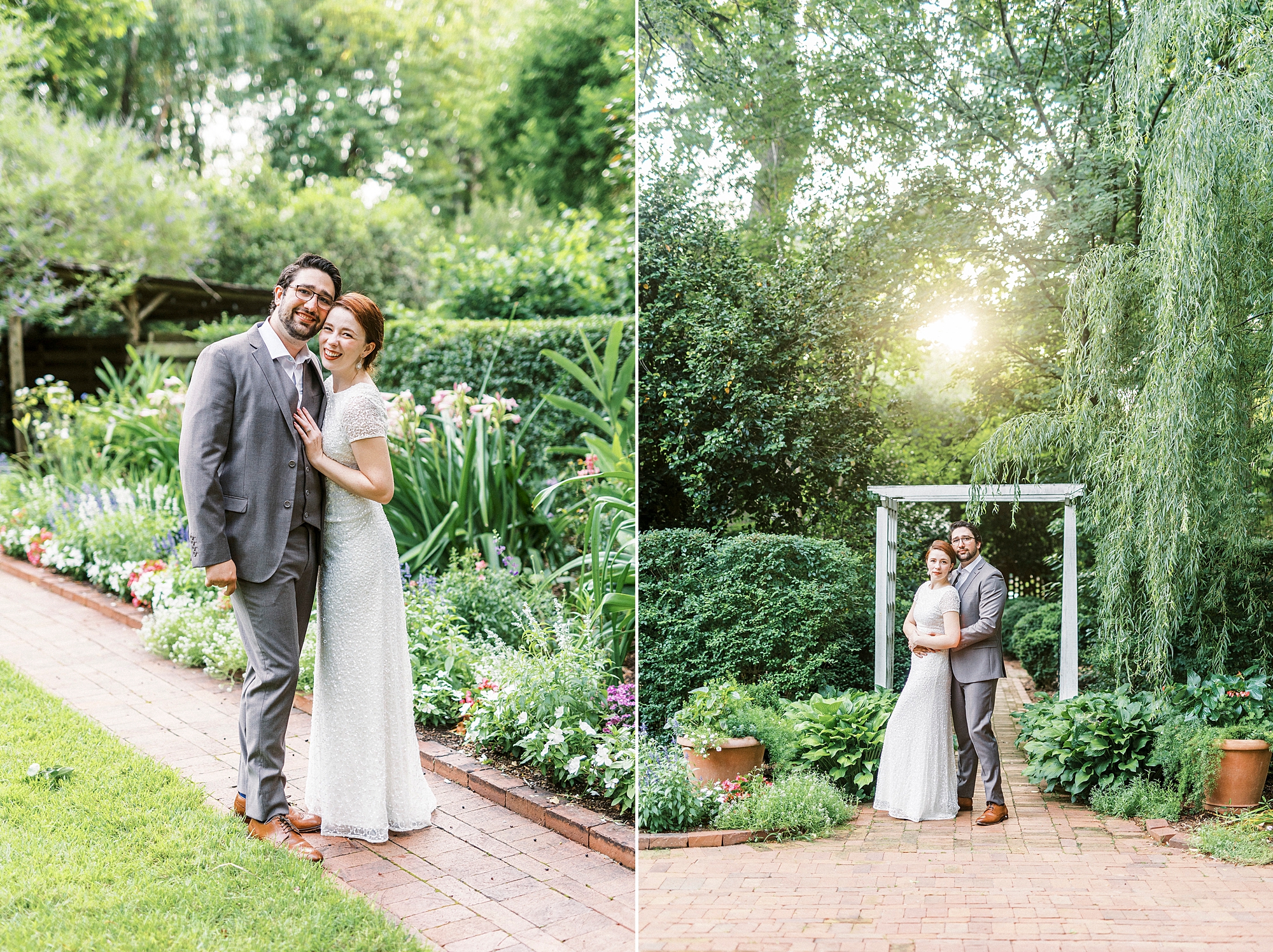 husband and wife pose under white arbor at Wing Haven Garden