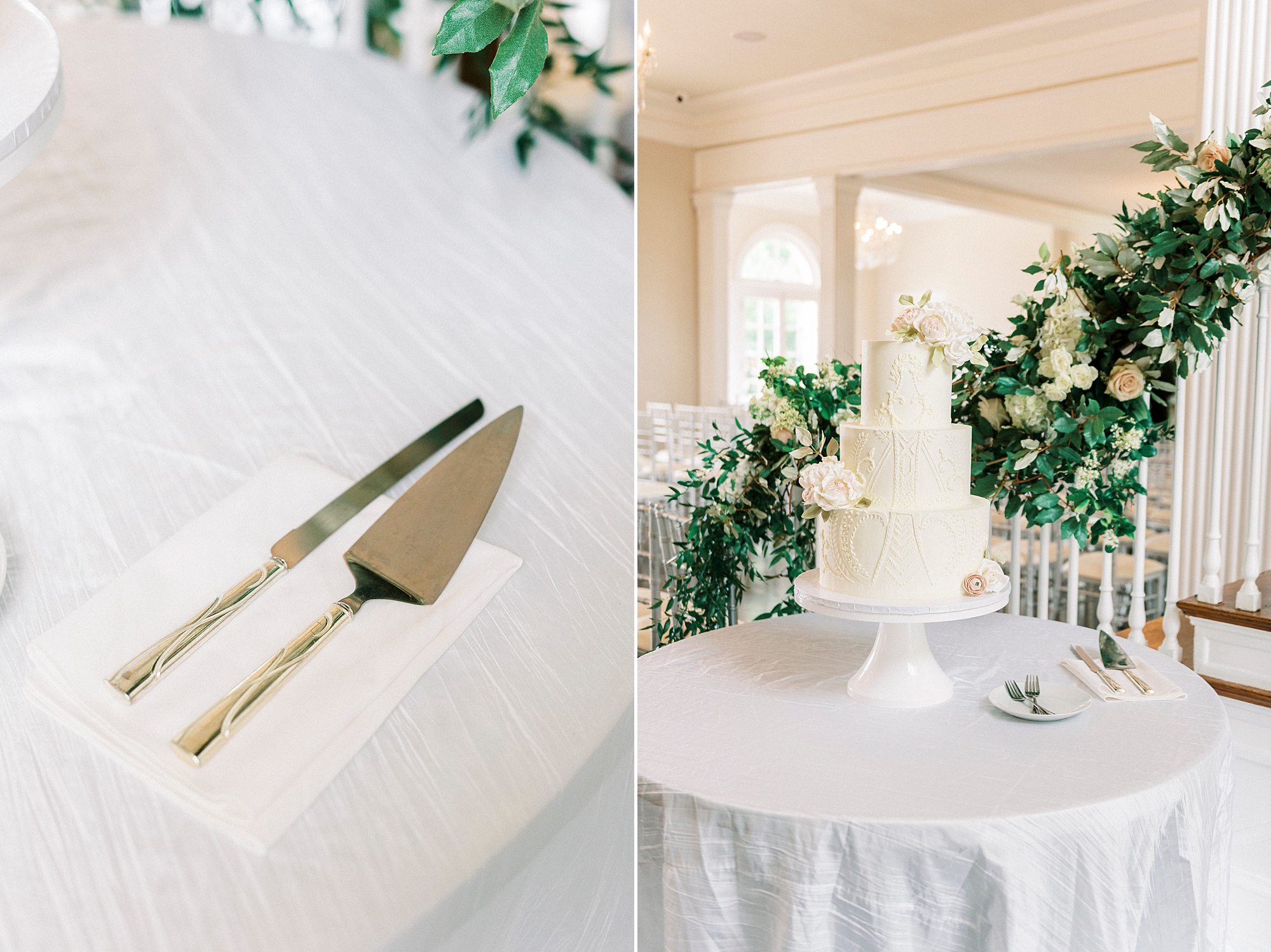 wedding cake sits by banister at Separk Mansion with greenery