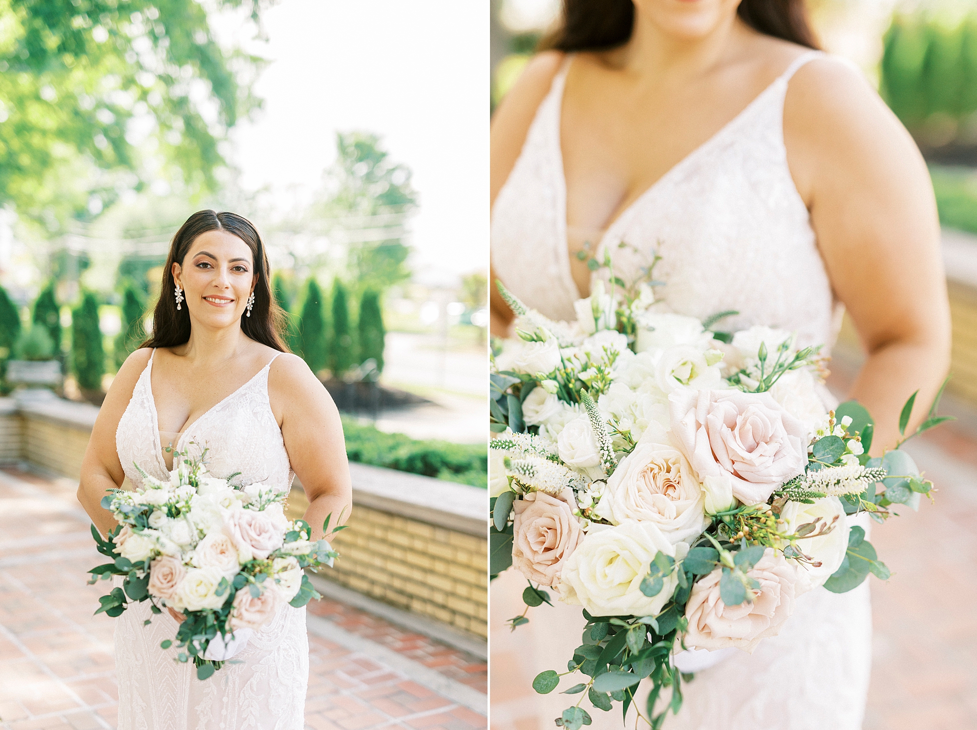 summer bride holds bouquet of pink and white flowers